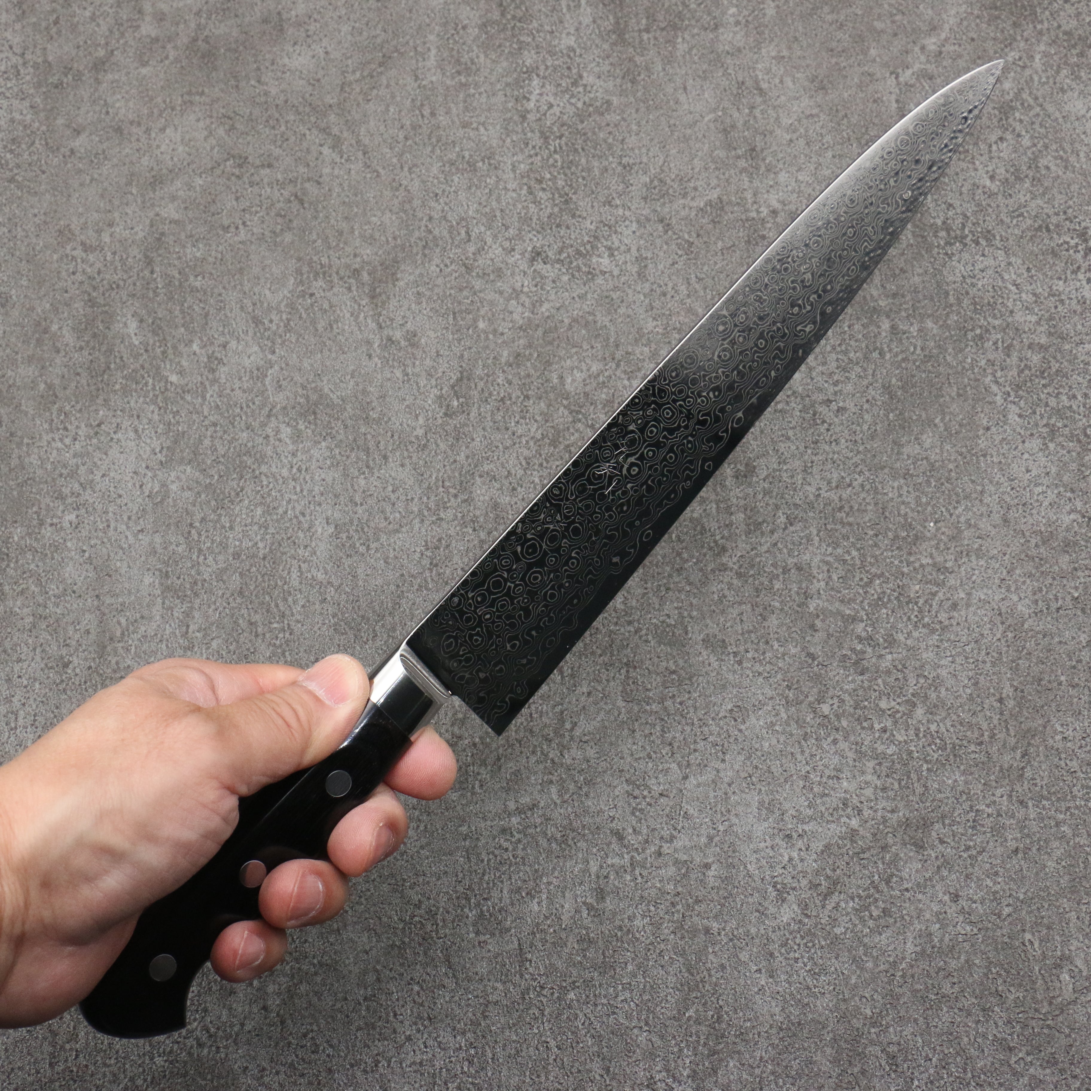Ryusen Bonten Unryu VG10 63 Layer Damascus Sujihiki 240mm Black Pakkawood Handle - Seisuke Knife