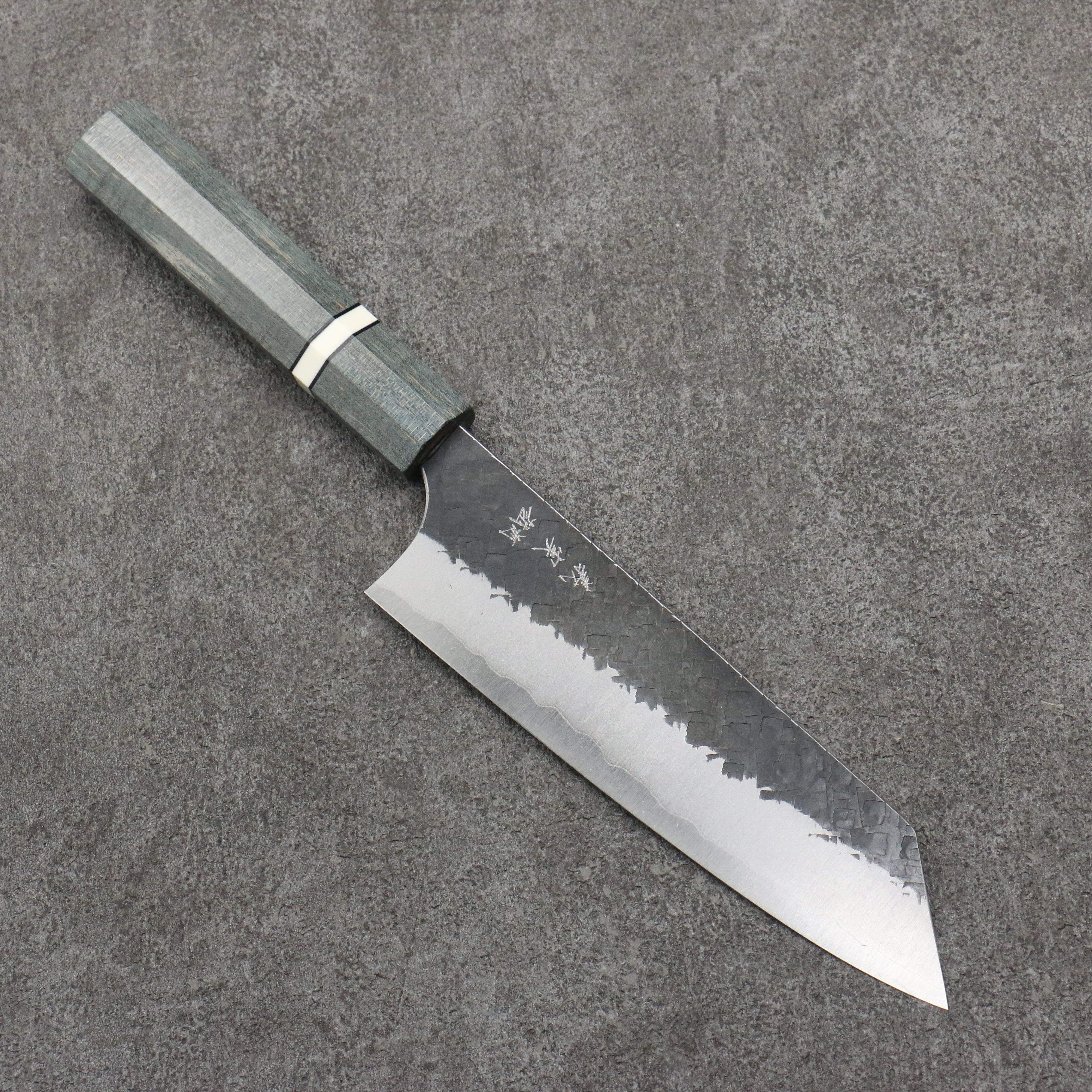 Yoshimi Kato Blue Super Hammered(square) Black Finished Bunka 170mm Stabilized wood (With White ring) Handle - Seisuke Knife