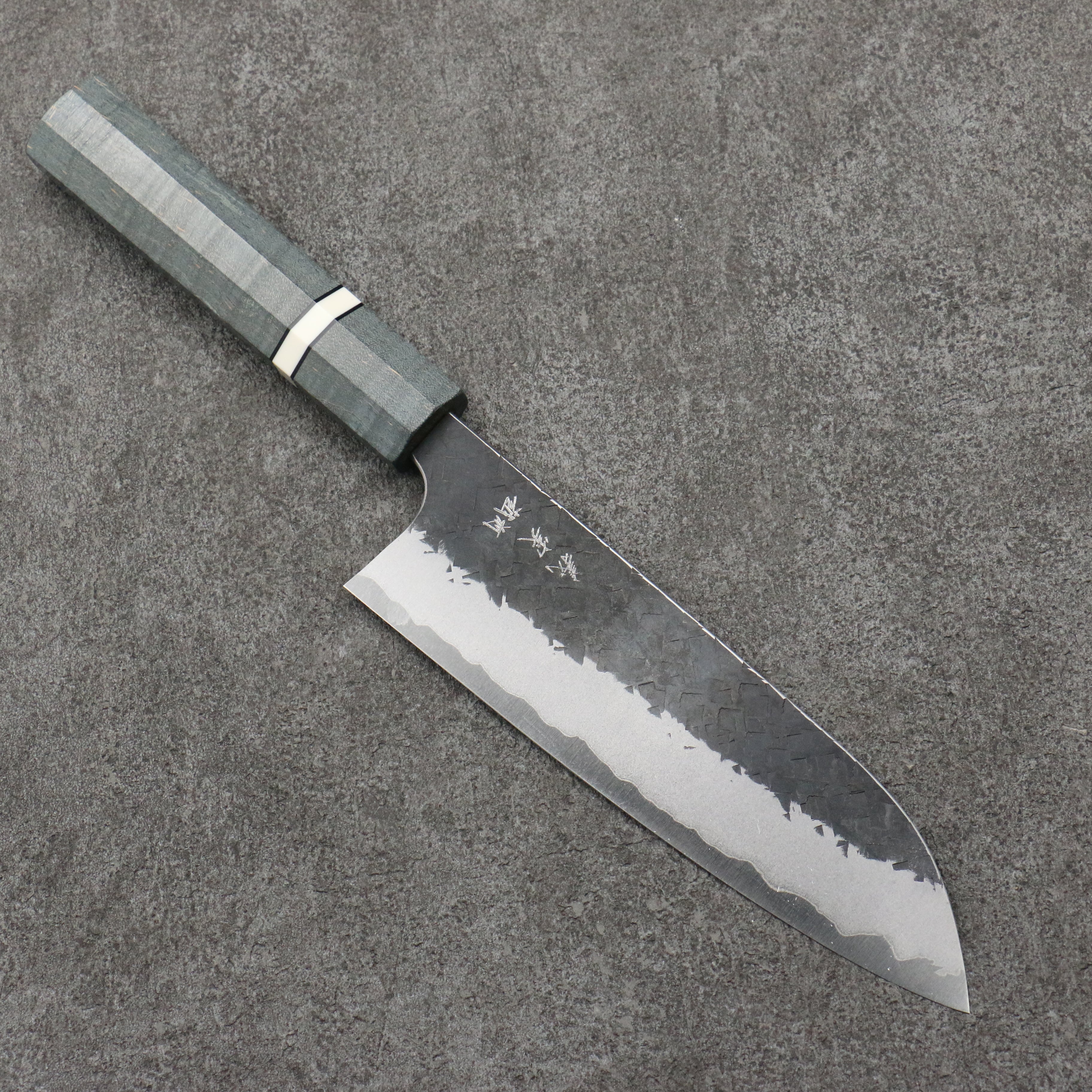 Yoshimi Kato Blue Super Hammered(square) Black Finished Santoku 170mm Stabilized wood (With White ring) Handle - Seisuke Knife