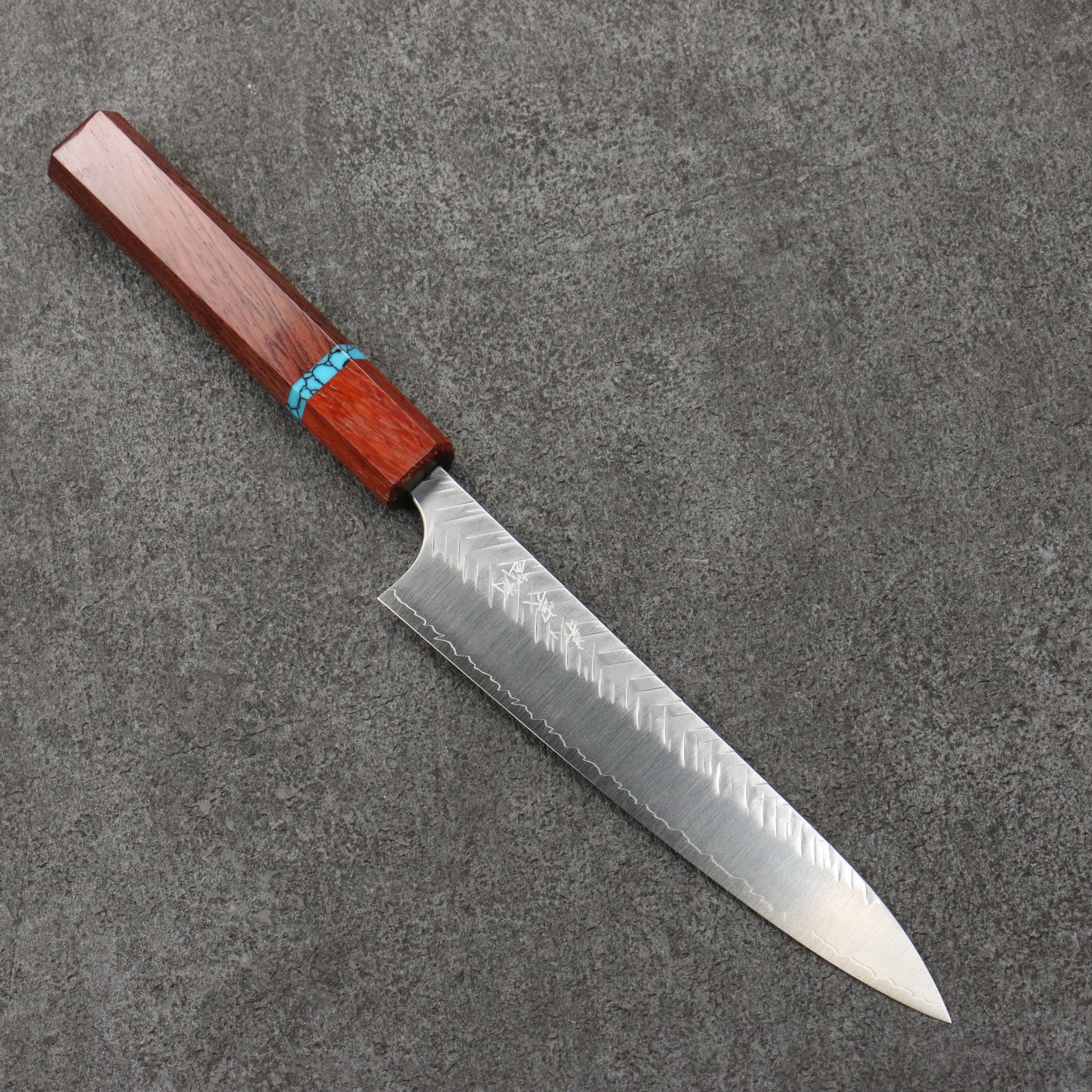 Yoshimi Kato SG2 Hammered ( V ) Petty-Utility 150mm Rosewood (Turquoise Ring) Handle - Seisuke Knife
