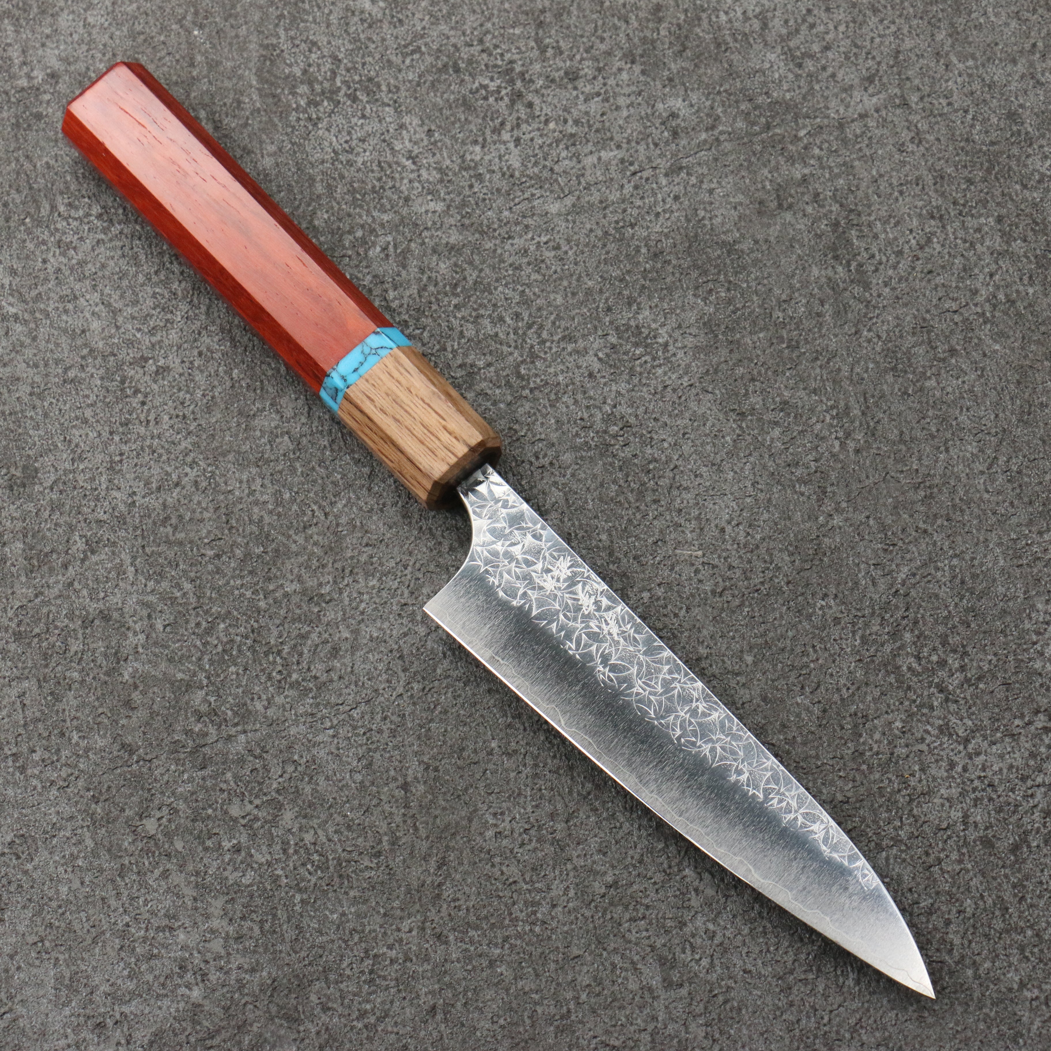 Yoshimi Kato Minamo SG2 Hammered Petty-Utility 120mm Padoauk(Turquoise Ring) Handle - Seisuke Knife