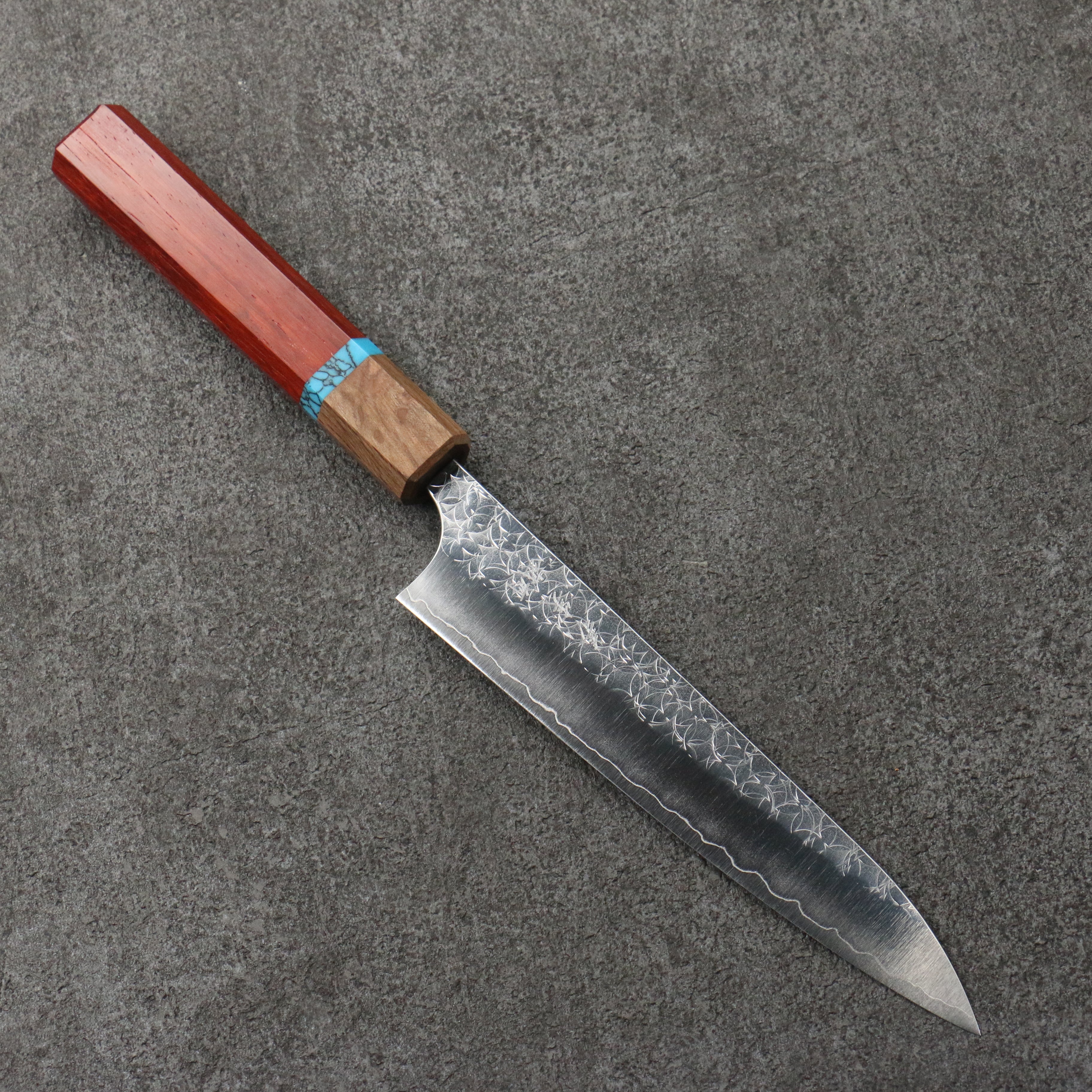 Yoshimi Kato Minamo SG2 Hammered Petty-Utility 150mm Padoauk(Turquoise Ring) Handle - Seisuke Knife