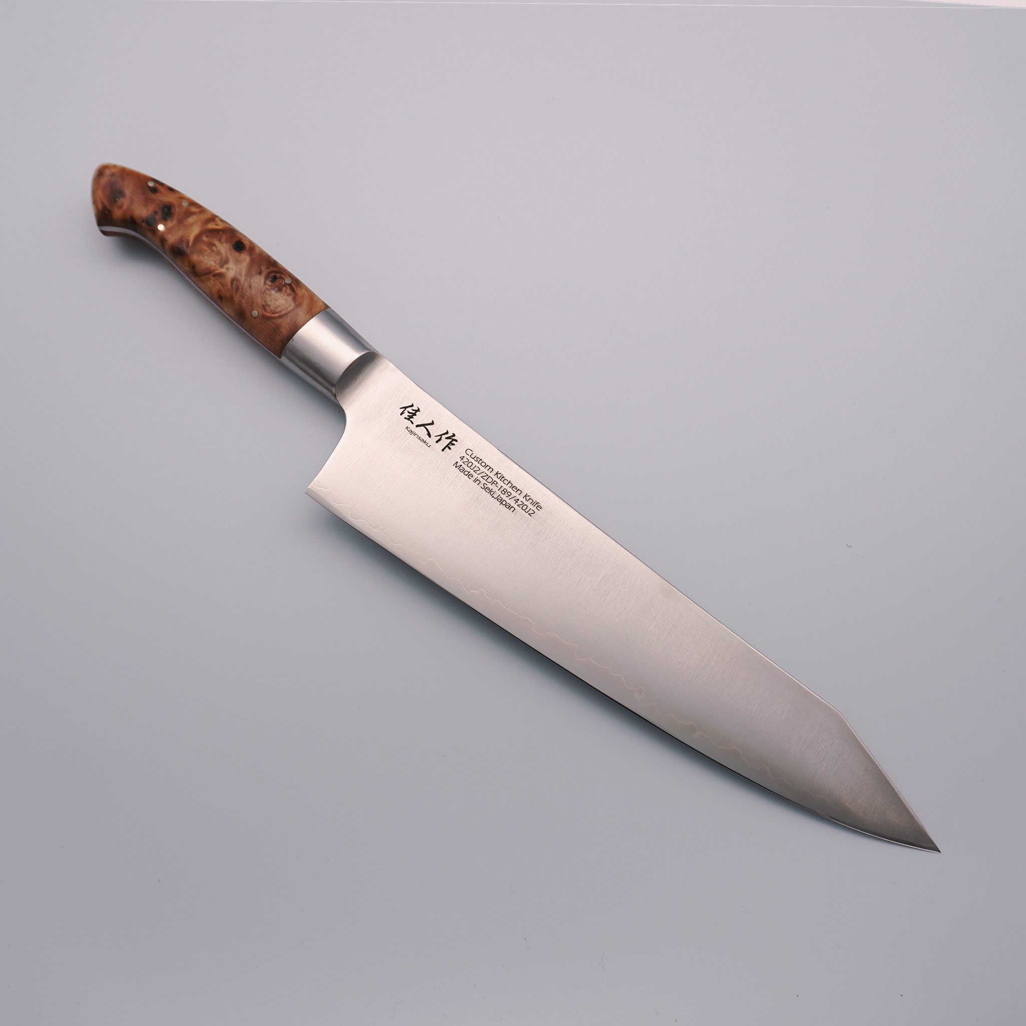 Kajin ZDP189 Custom Kiritsuke Gyuto 240mm Birds Eye Maple Burl Handle - Seisuke Knife