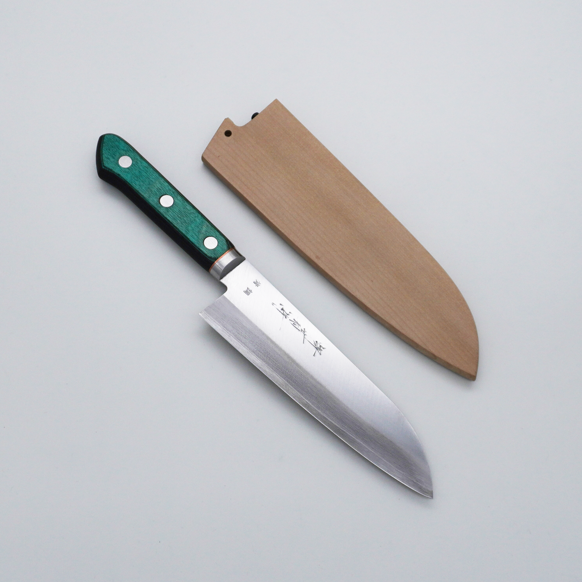 Seisuke TAKUMI Trade-In Sakai Kikumori Blue Steel No.1 Santoku 165mm Green Pakkawood Handle with Magnolia Saya - Seisuke Knife