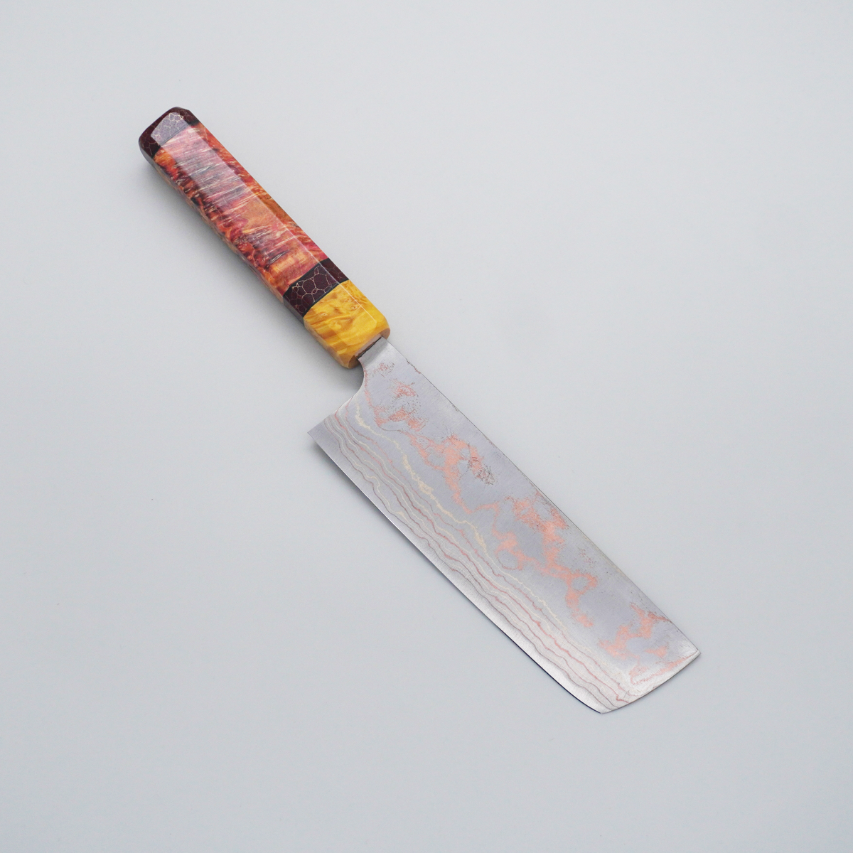 Seisuke TAKUMI Trade-In Takeshi Saji Blue Steel No.2 Colored Damascus Nakiri 165mm Custom Wood & Resin Handle - Seisuke Knife