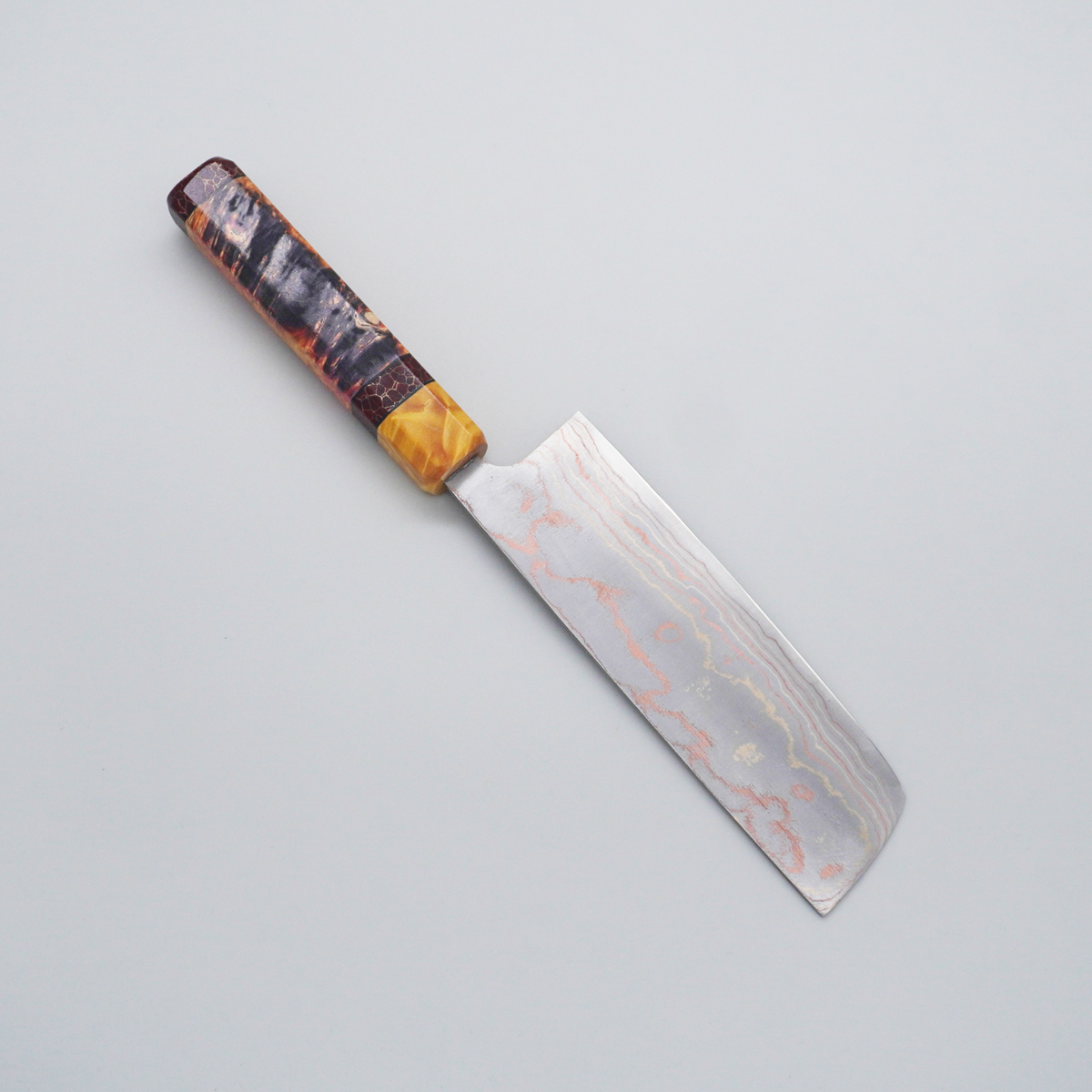 Seisuke TAKUMI Trade-In Takeshi Saji Blue Steel No.2 Colored Damascus Nakiri 165mm Custom Wood & Resin Handle - Seisuke Knife