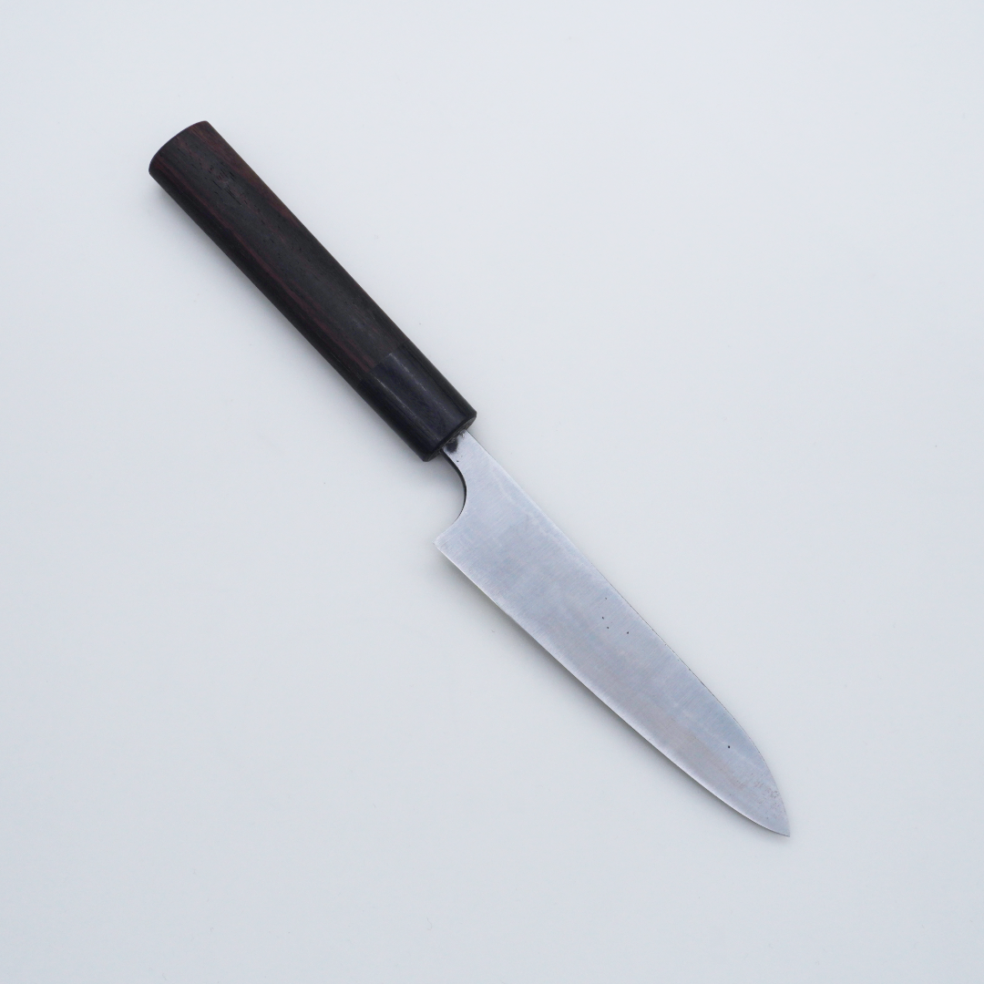 Seisuke TAKUMI Trade-In Katsushige Anryu White Steel No. 2 Satin & Damascus Petty 130mm Shitan (Pakkawood Ferrule) Handle
