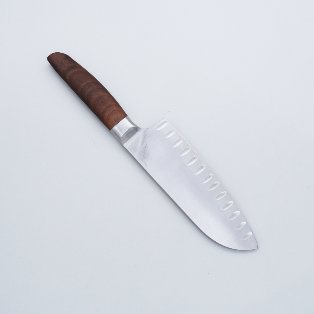 Seisuke TAKUMI Trade-In Ferrum Reserve Semi-Stainless Steel Satin Santoku 170mm Oregon Black Walnut Handle