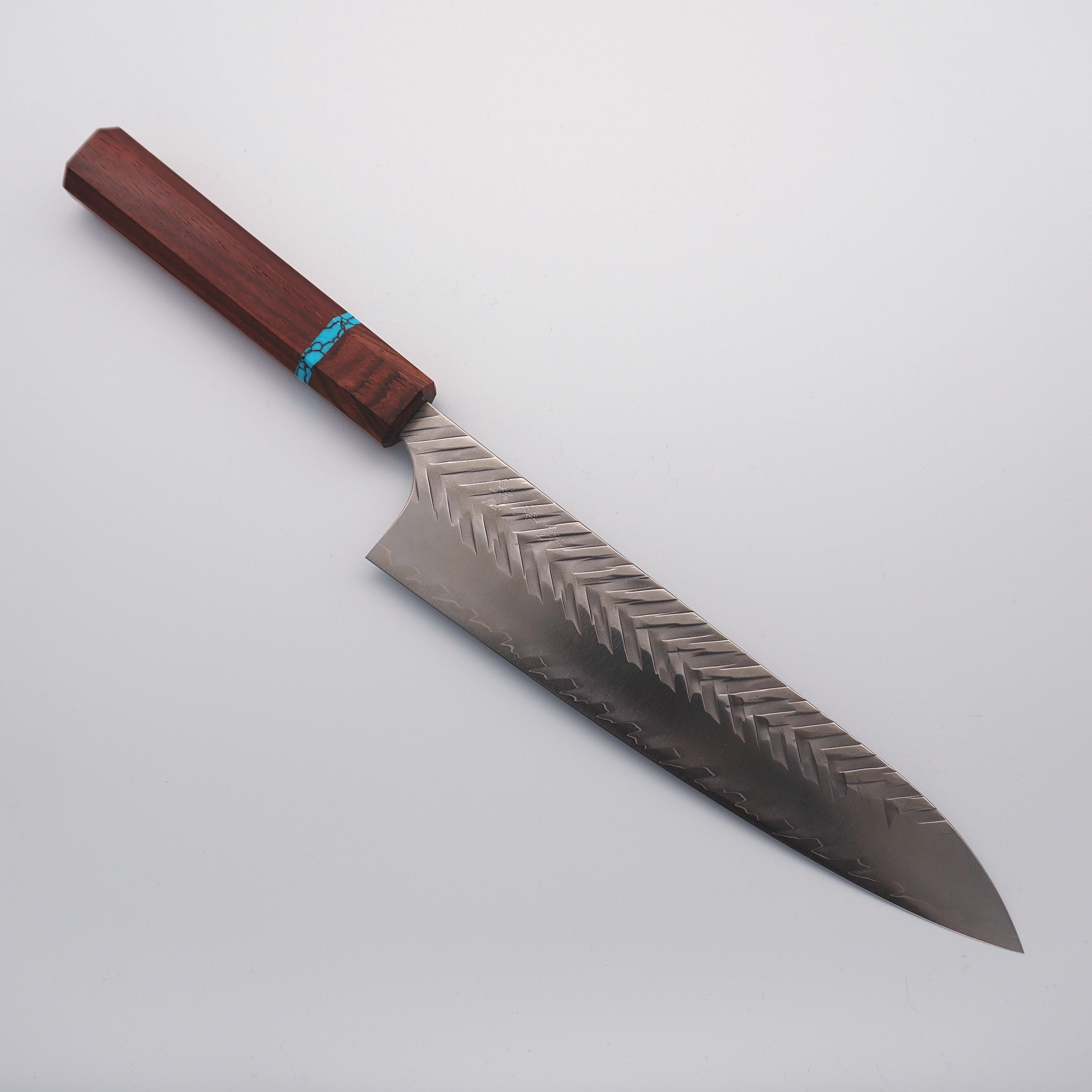 Yoshimi Kato V-Hammered SG2 Gyuto 210mm Padauk Walnut & Turquoise Handle - Seisuke Knife