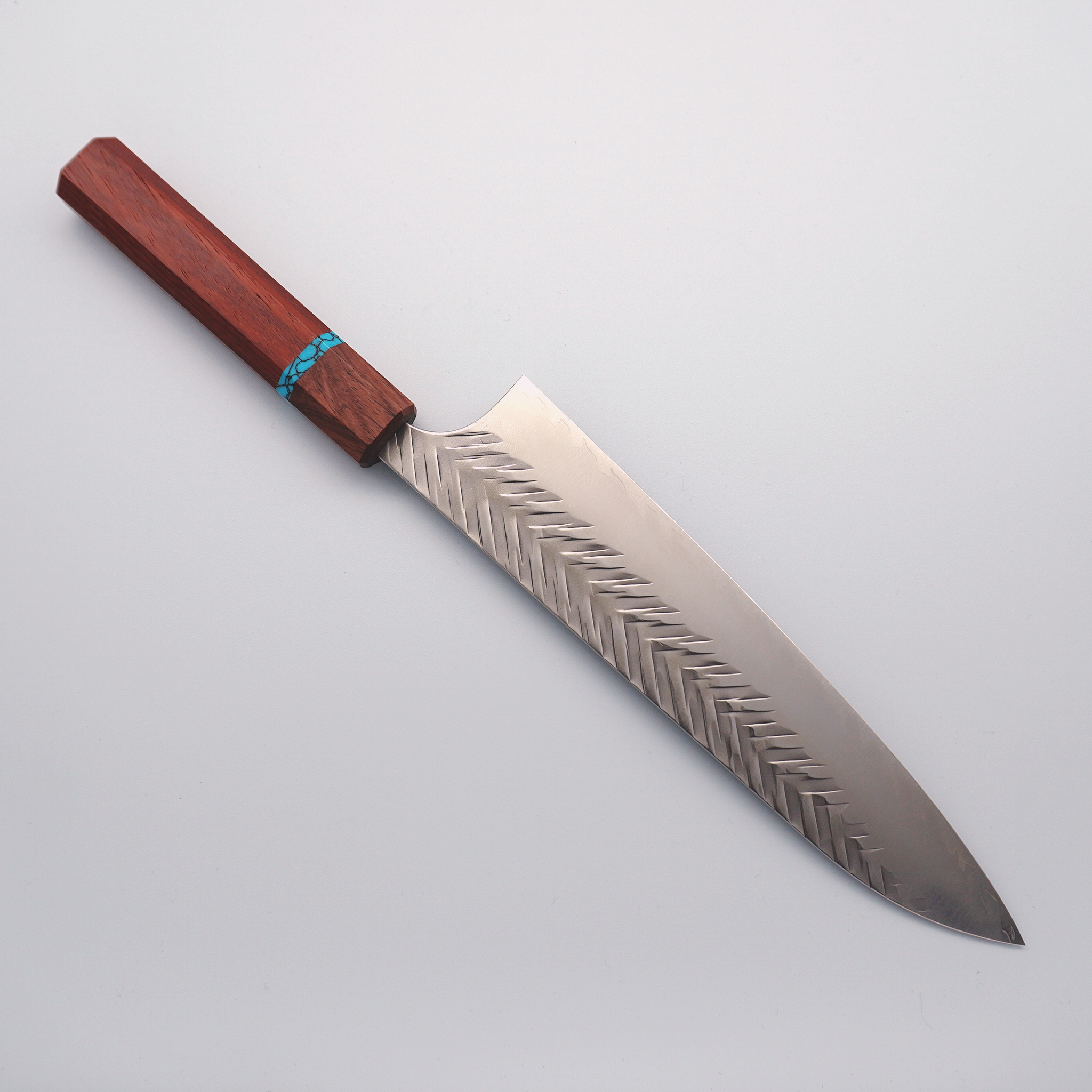 Yoshimi Kato V-Hammered SG2 Gyuto 210mm Padauk Walnut & Turquoise Handle - Seisuke Knife