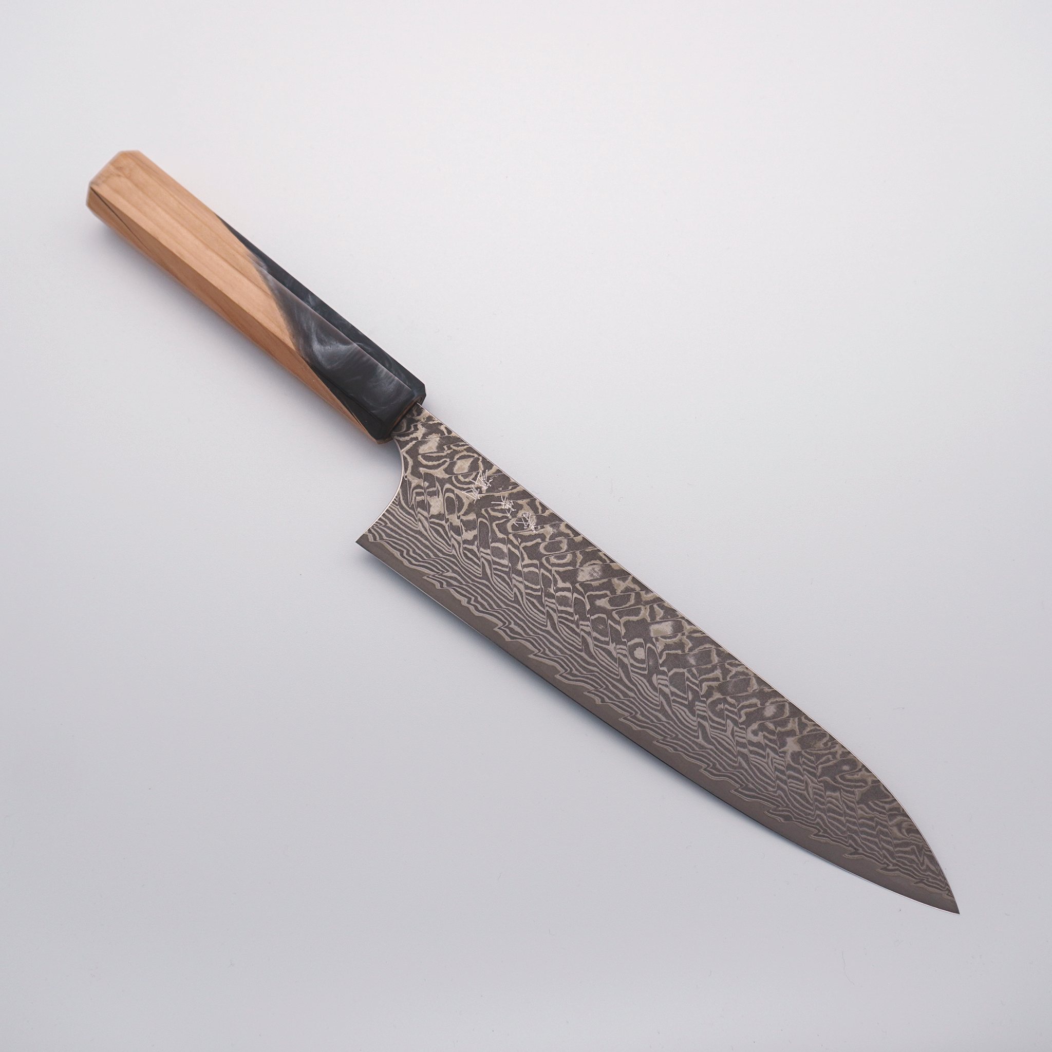 Yoshimi Kato SG2 Black Damascus Gyuto 210mm Olive Tree and Black Resin Handle - Seisuke Knife