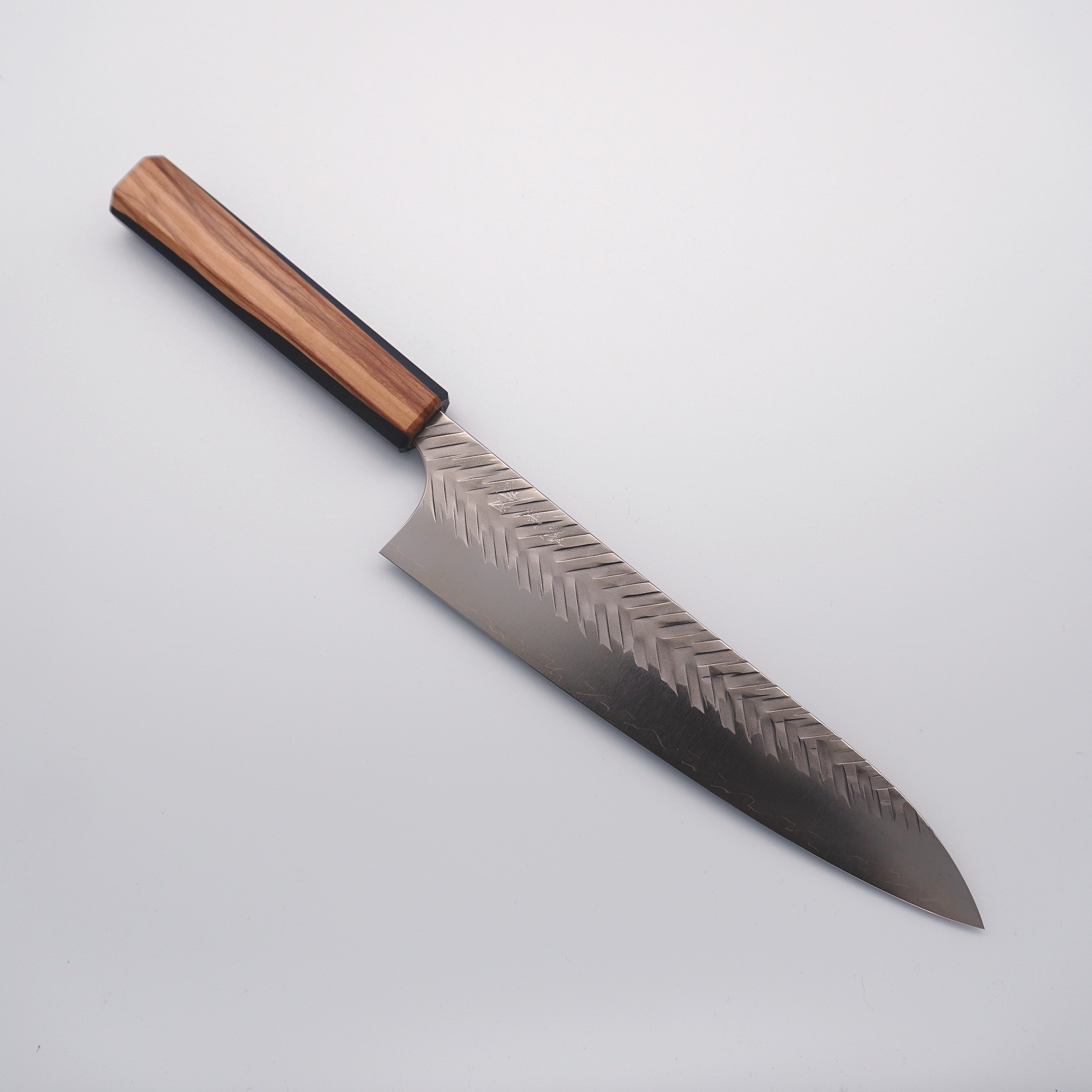 Yoshimi Kato SG2 V-Hammered Gyuto 210mm Olive Wood & Blue Resin Handle - Seisuke Knife