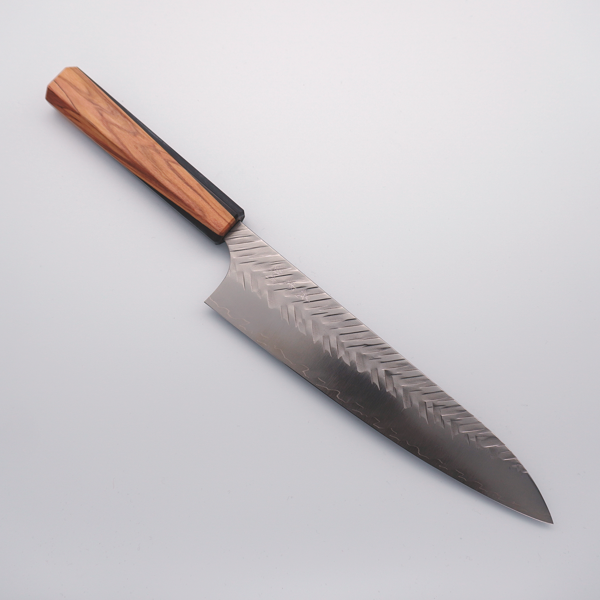 Yoshimi Kato SG2 V-Hammered Gyuto 210mm Olive Wood & Black Resin Handle - Seisuke Knife