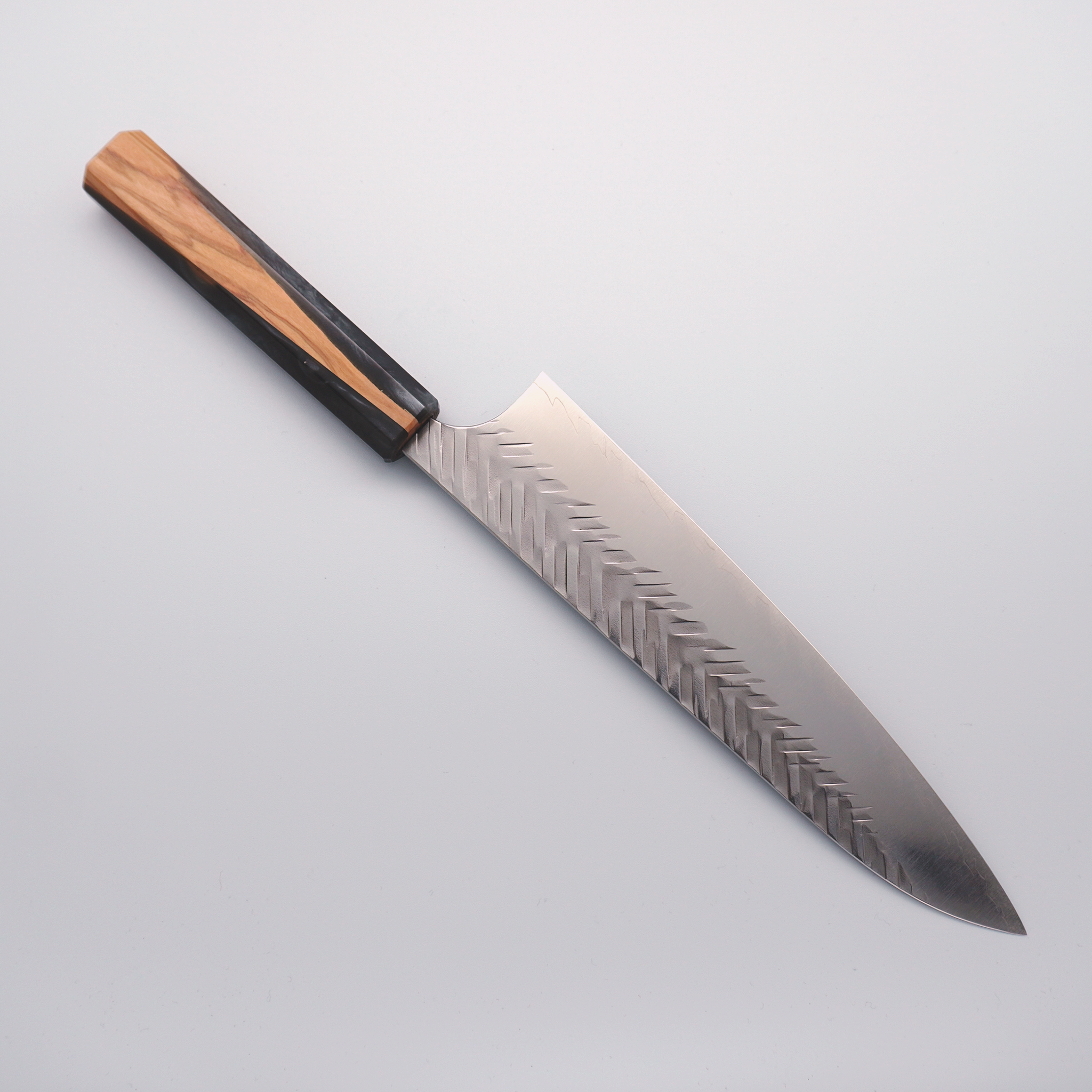 Yoshimi Kato SG2 V-Hammered Gyuto 210mm Olive Wood & Black Resin Handle - Seisuke Knife