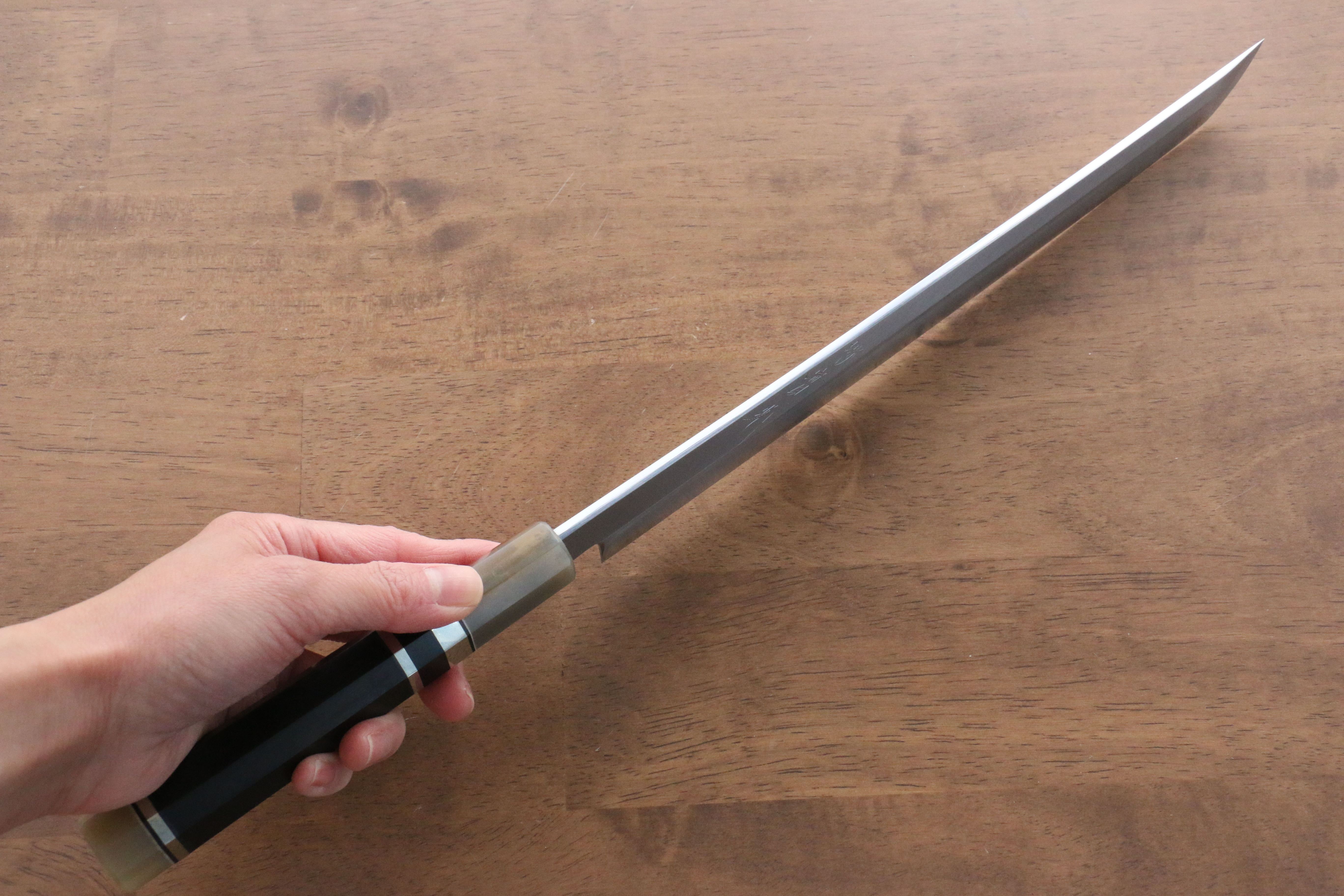 Jikko Shiko White Steel Sakimaru Yanagiba 270mm Ebony with Double Ring Handle - Seisuke Knife