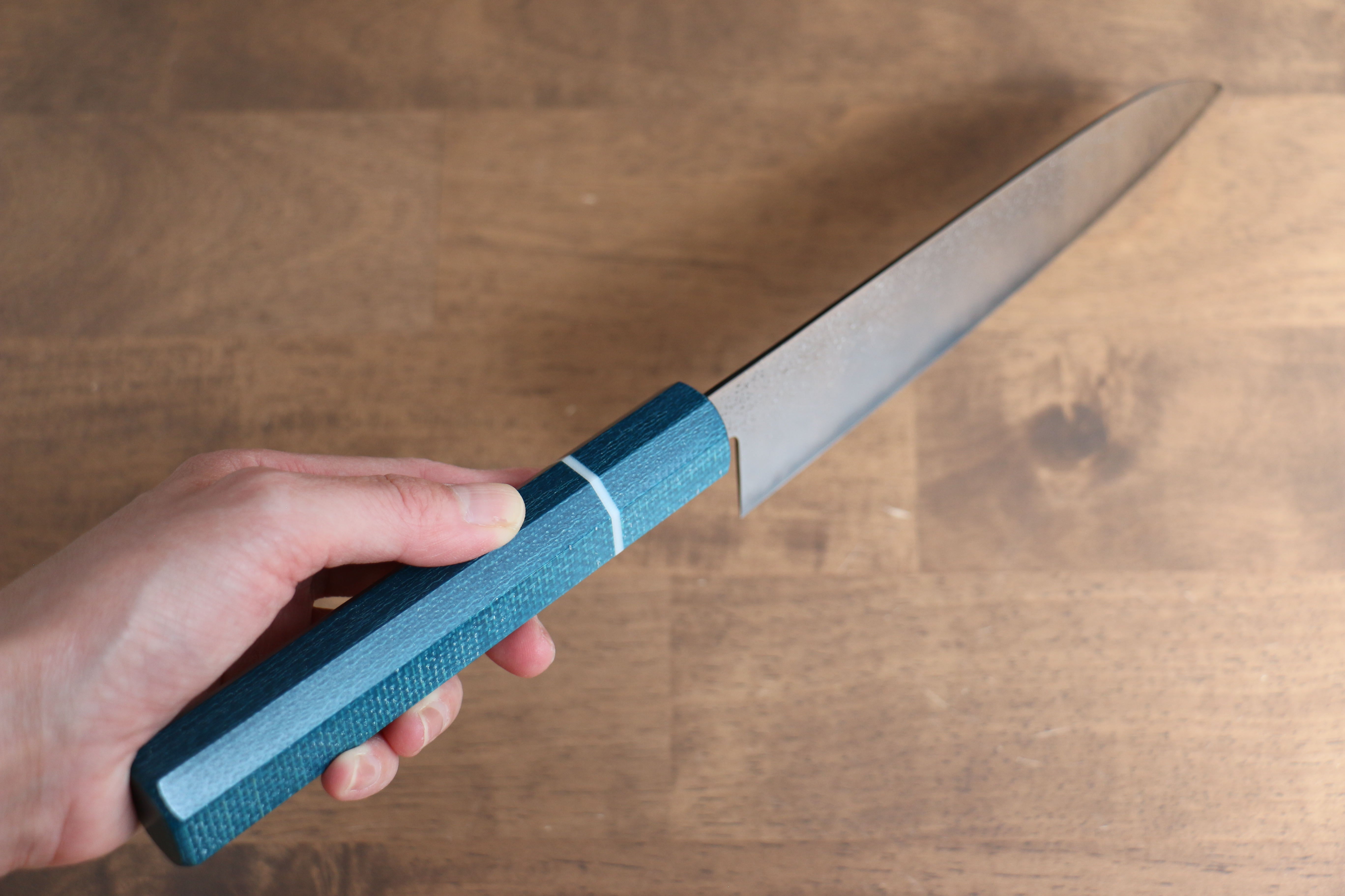 Seisuke VG5 Nashiji black dye Santoku 165mm Blue Canvas Micarta Handle - Seisuke Knife