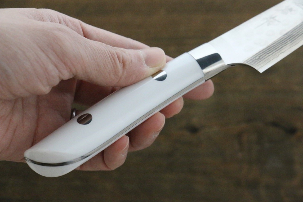 Takeshi Saji SRS13 Hammered Damascus Petty-Utility 130mm White Stone Handle - Seisuke Knife