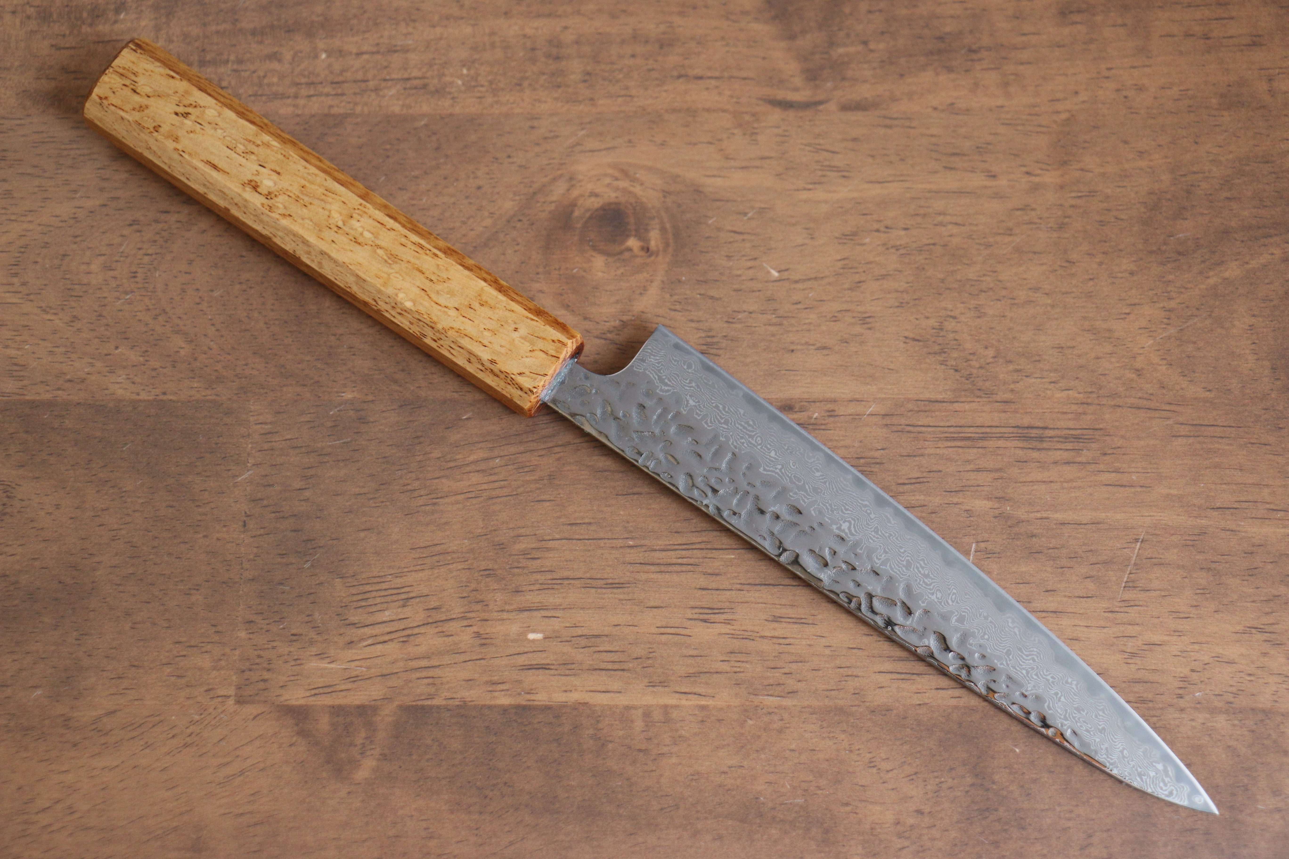 Seisuke Tsukikage AUS10 Migaki Hammered Damascus Petty-Utility 150mm Oak Handle - Seisuke Knife