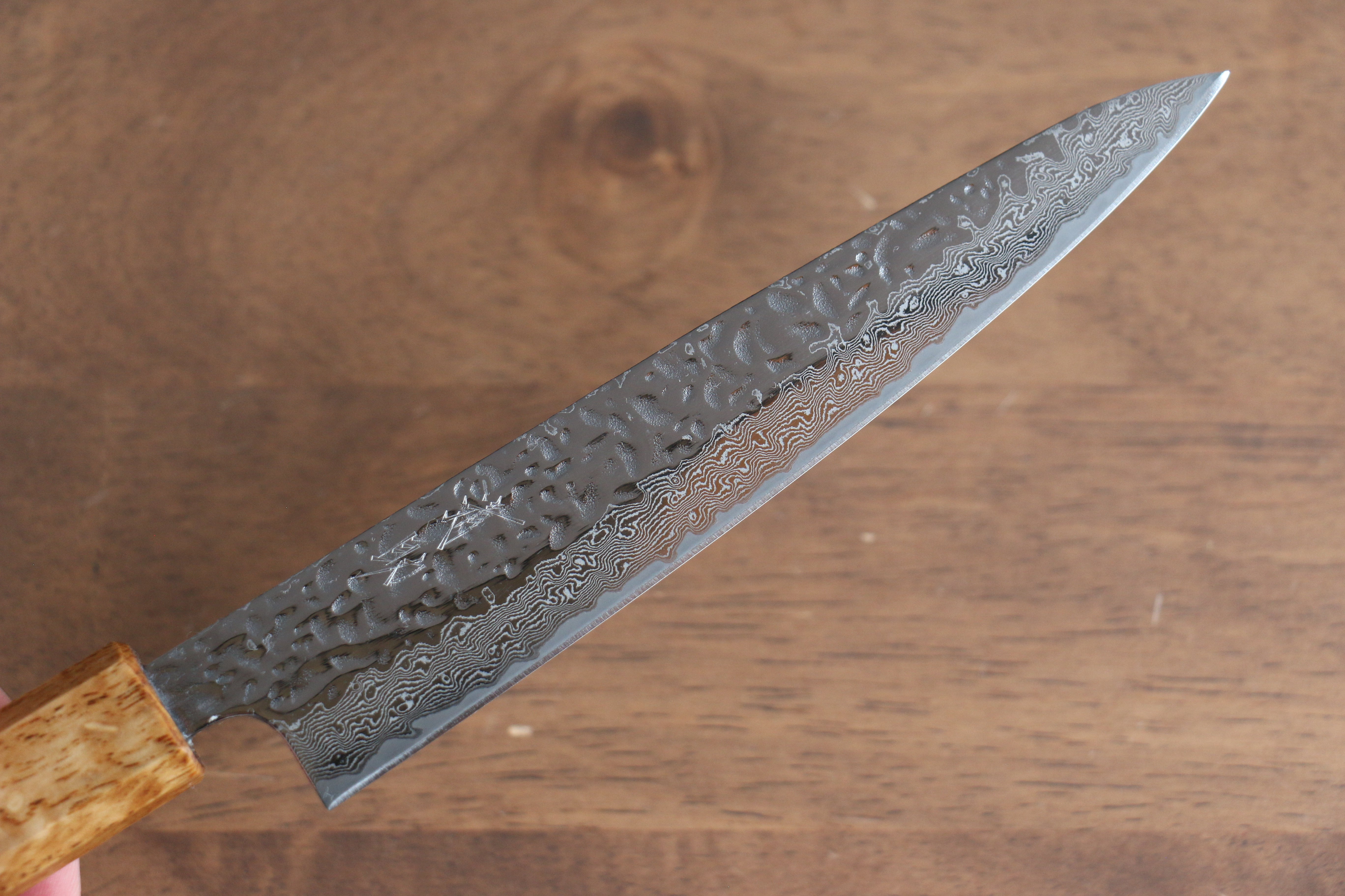 Seisuke Tsukikage AUS10 Migaki Hammered Damascus Petty-Utility 150mm Oak Handle - Seisuke Knife