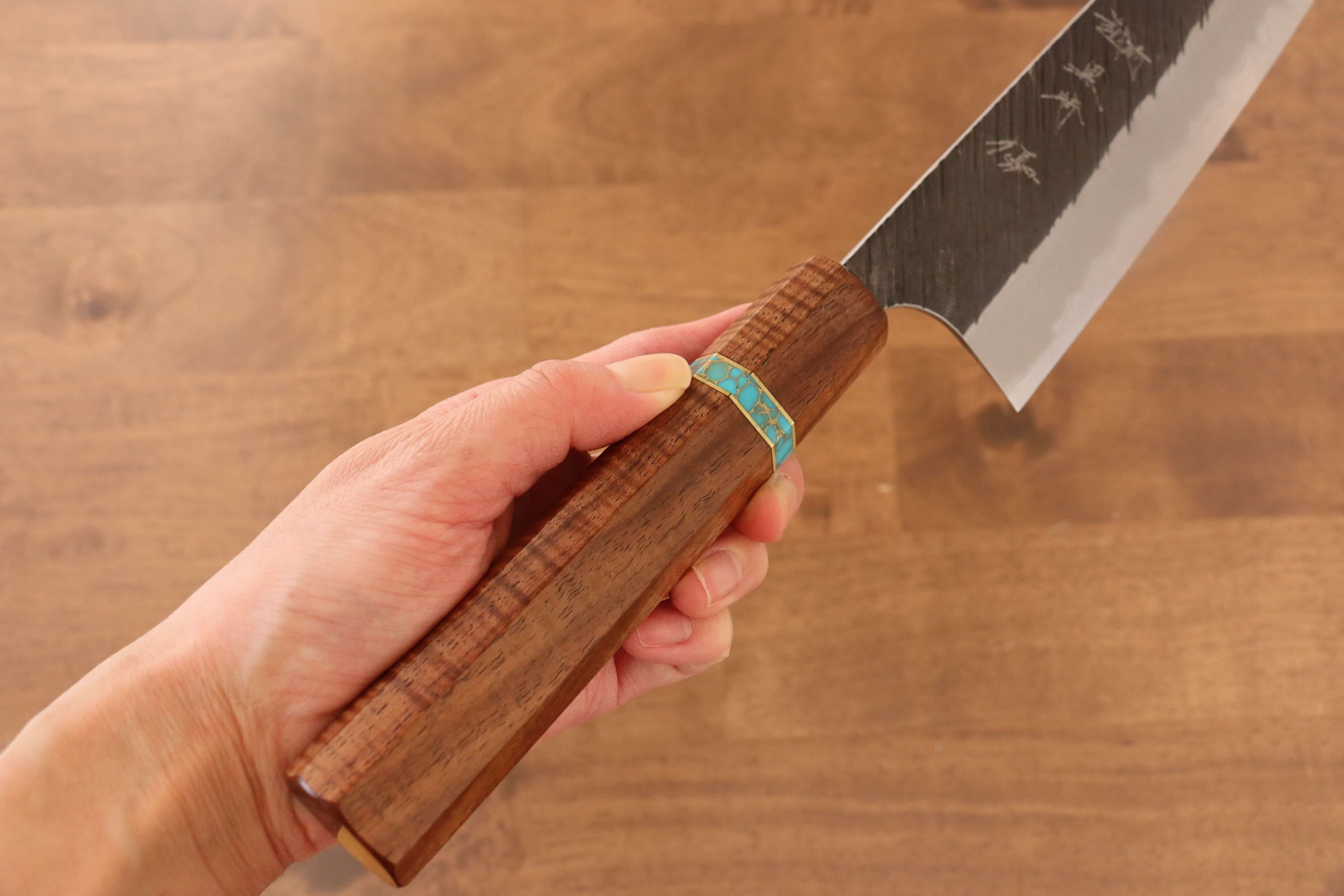 Yu Kurosaki Fujin Blue Super Hammered Gyuto 240mm Maple(With turquoise ring Brown) Handle - Seisuke Knife