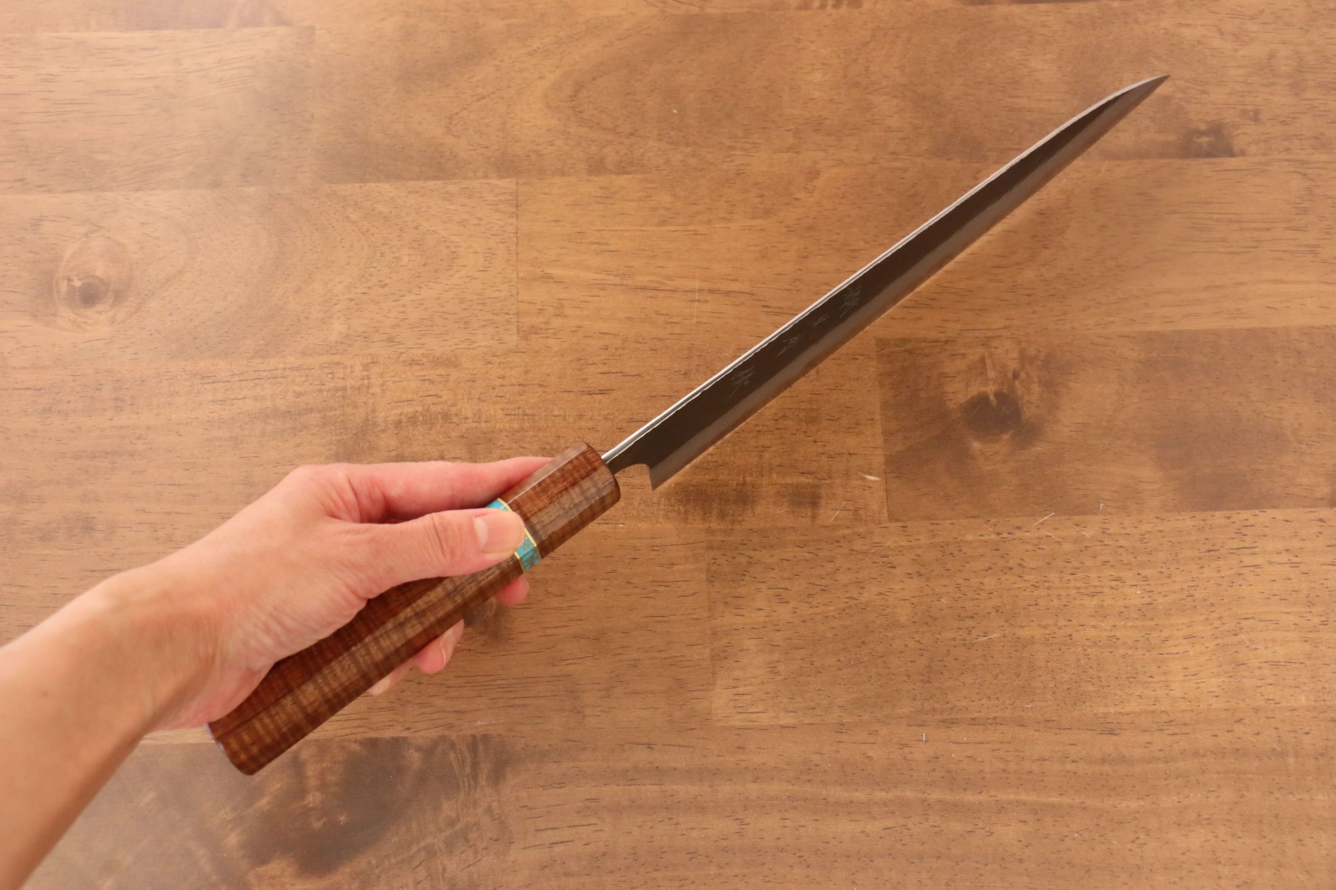 Yu Kurosaki Fujin Blue Super Hammered Gyuto 240mm Maple(With turquoise ring Brown) Handle - Seisuke Knife