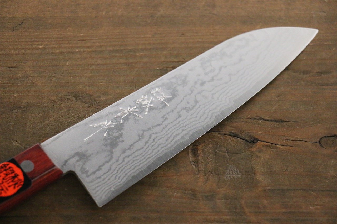 Shigeki Tanaka VG10 17 Layer Damascus Santoku 165mm Red Pakka wood Handle - Seisuke Knife