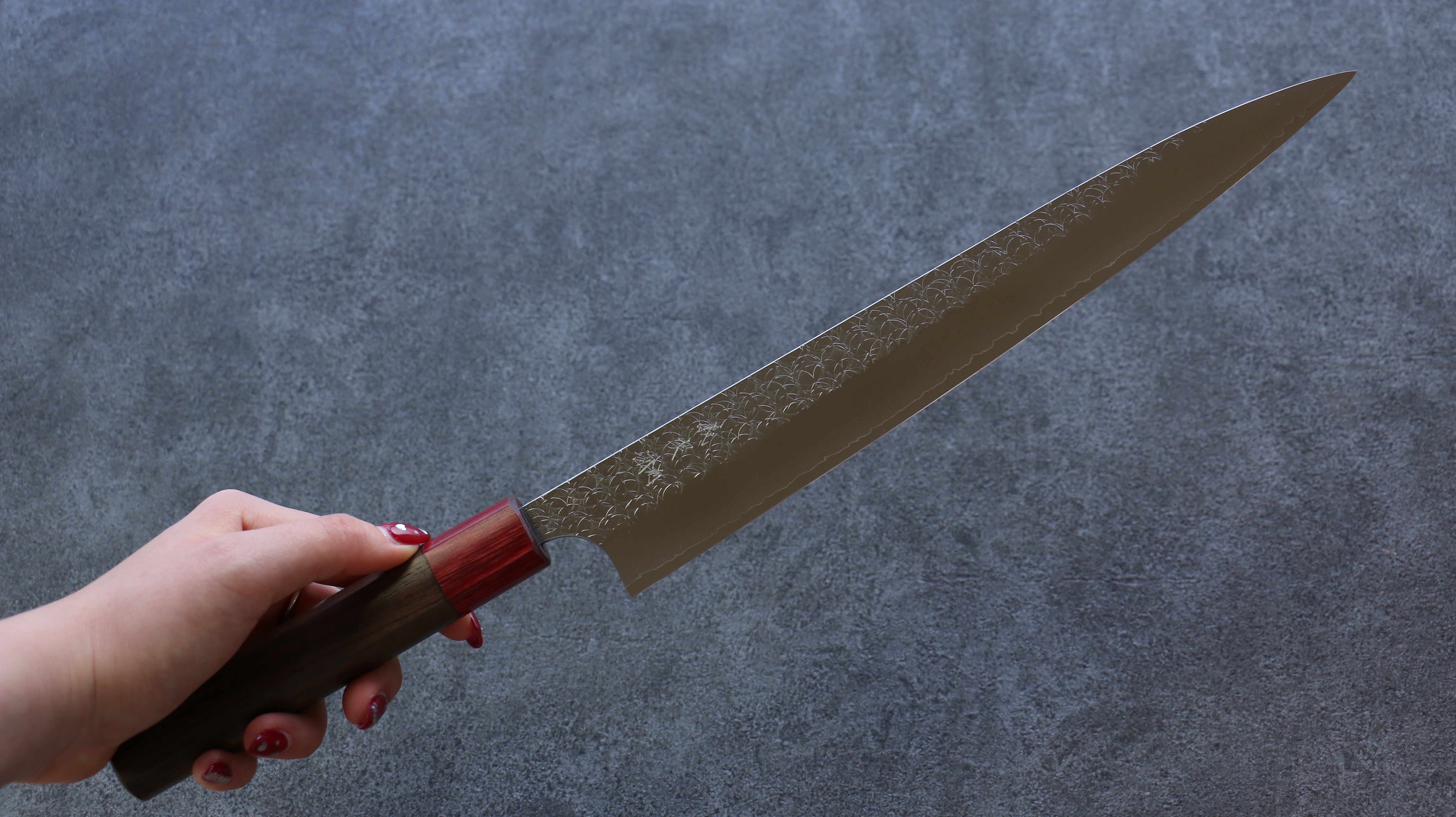Yoshimi Kato Minamo SG2 Hammered Sujihiki 270mm with Shitan & Red Pakka wood Handle - Seisuke Knife
