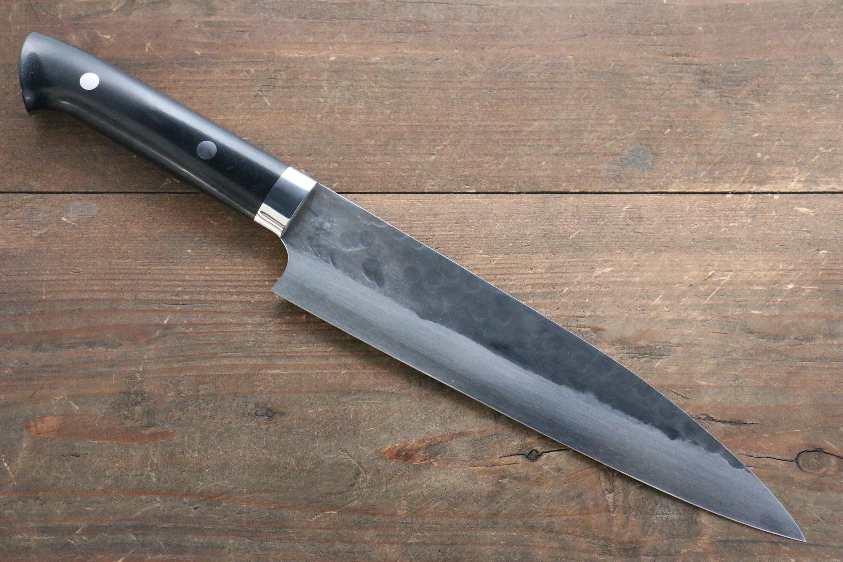 Shungo Ogata Blue Super Hammered Black Finished Gyuto 210mm Black Micarta Handle - Seisuke Knife