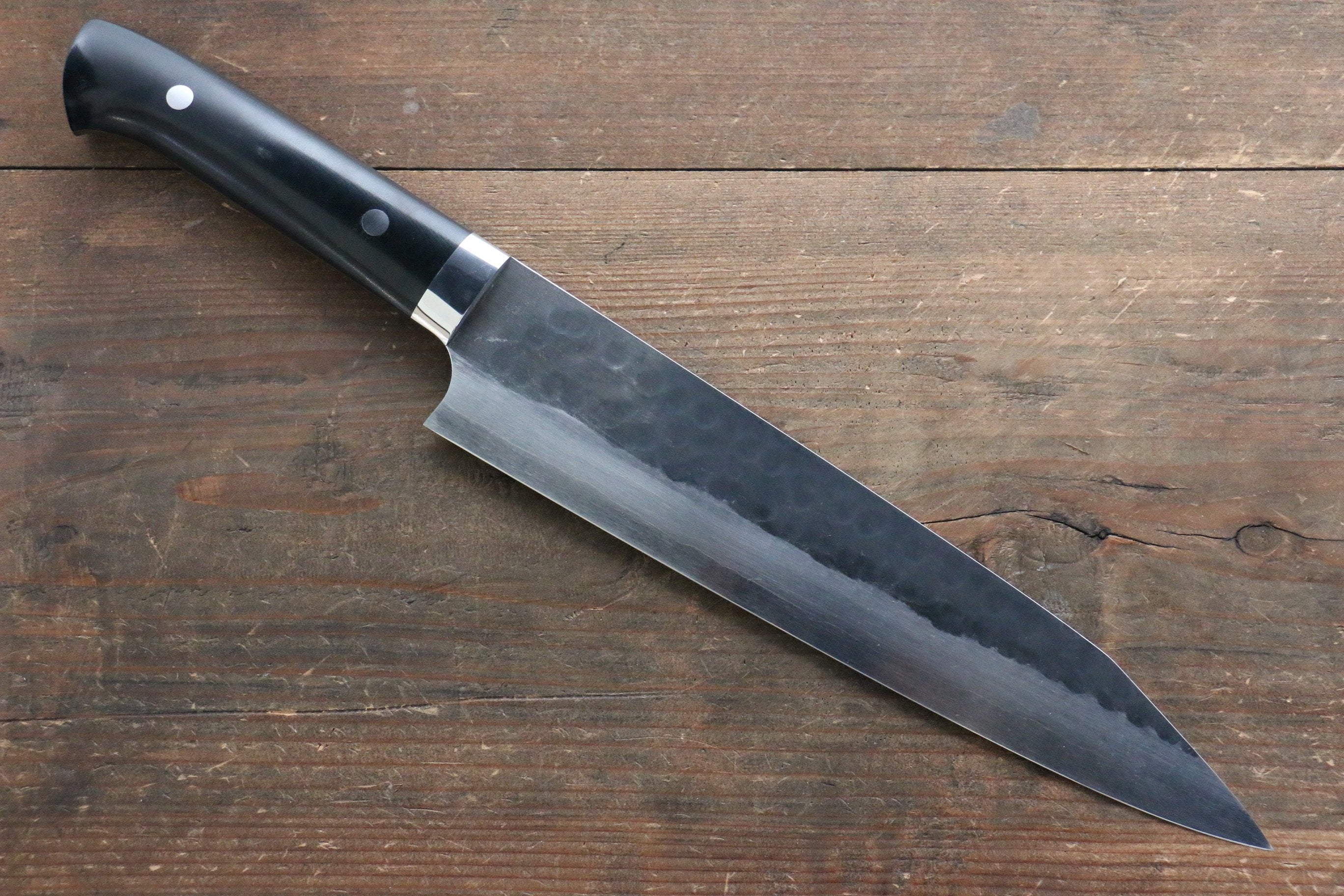 Shungo Ogata Blue Super Hammered Black Finished Gyuto 240mm Black Micarta Handle - Seisuke Knife