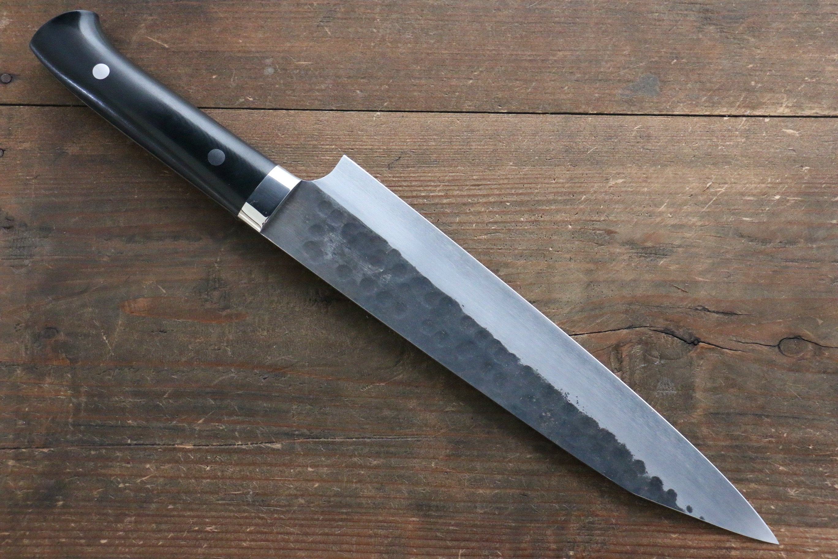 Shungo Ogata Blue Super Hammered Black Finished Gyuto 240mm Black Micarta Handle - Seisuke Knife