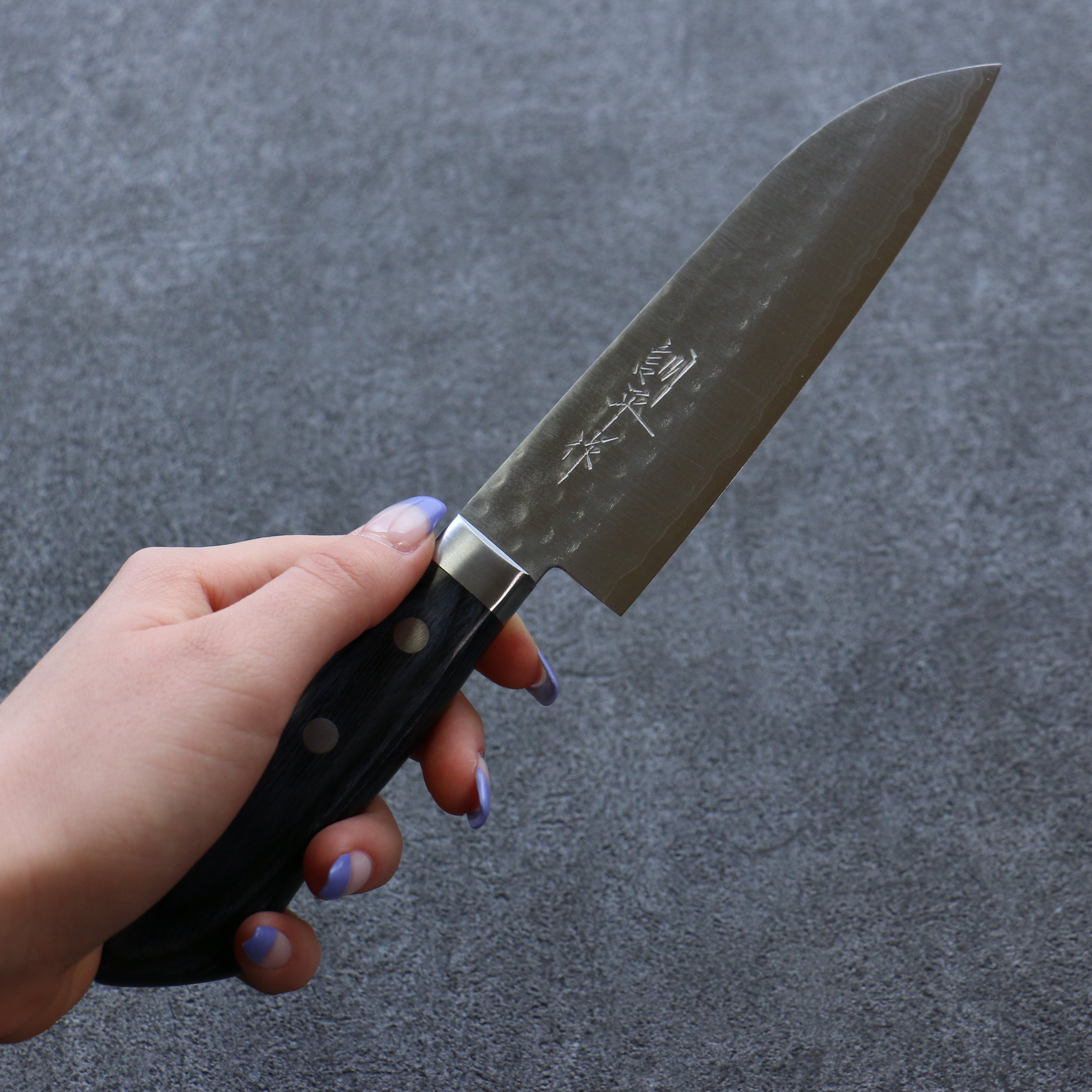 Kunihira Kokuryu VG10 Hammered Small Santoku 130mm Blue Pakka wood Handle - Seisuke Knife