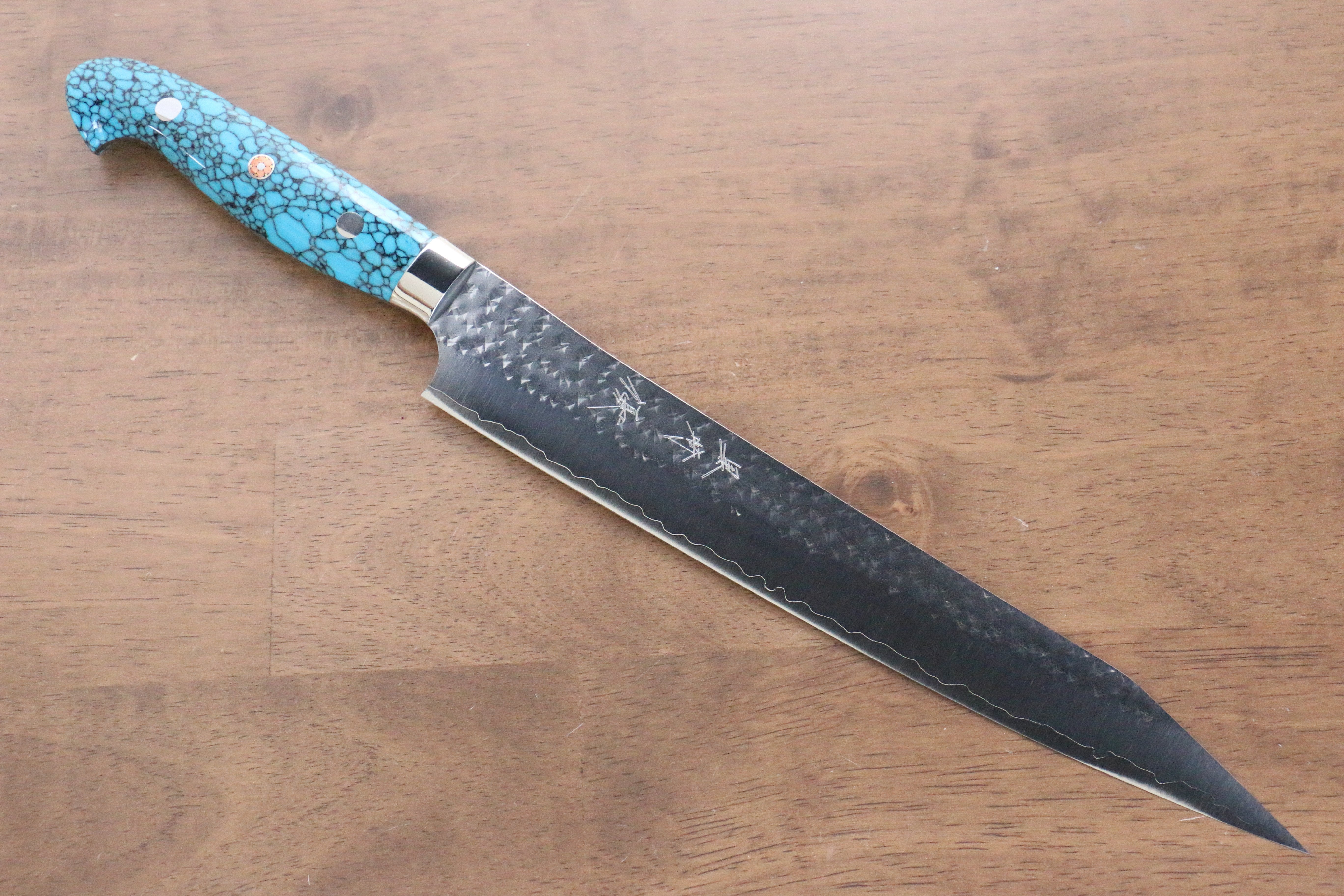 Yu Kurosaki Senko SG2 Hammered Sujihiki 240mm Turquoise Handle - Seisuke Knife