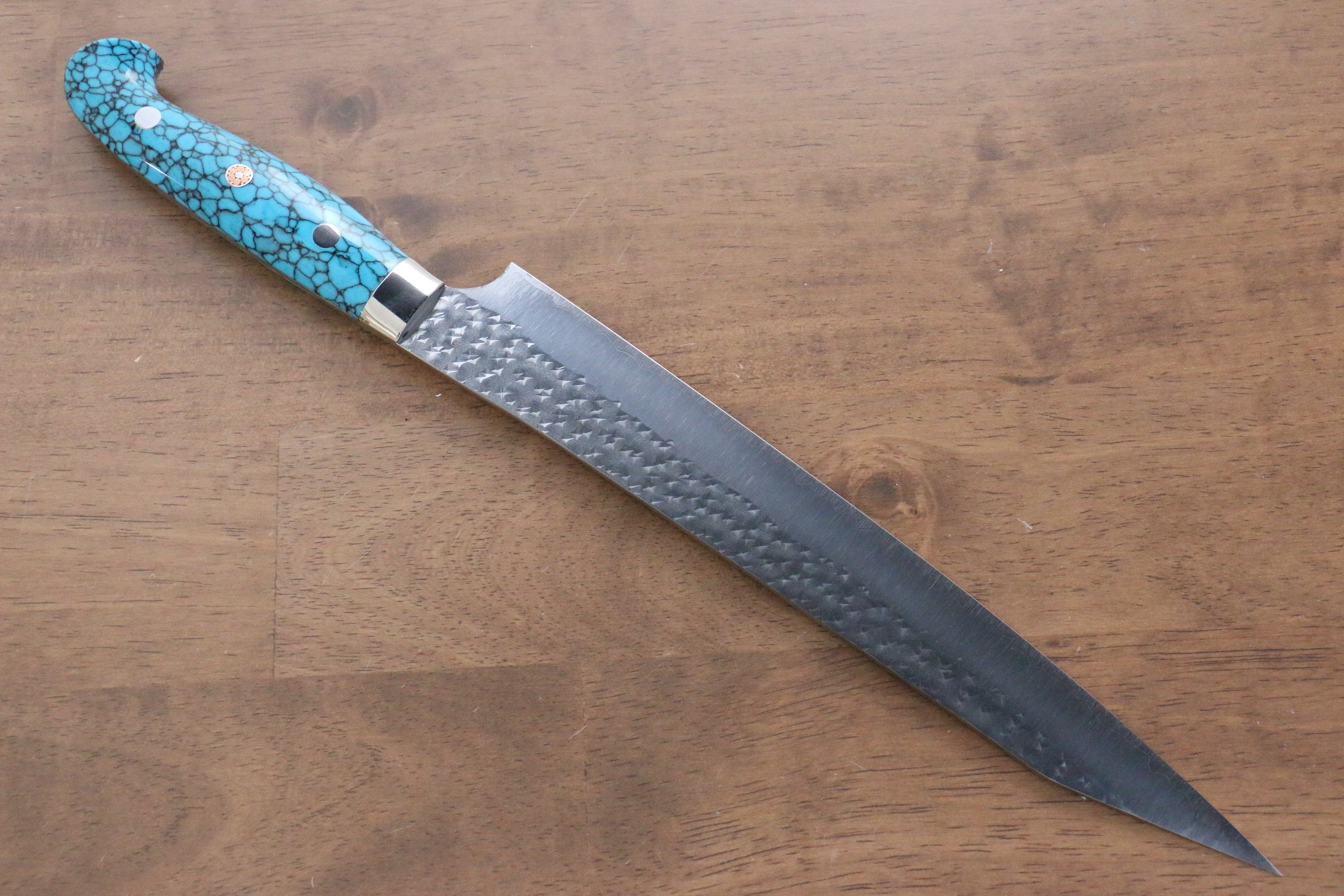 Yu Kurosaki Senko SG2 Hammered Sujihiki 240mm Turquoise Handle - Seisuke Knife