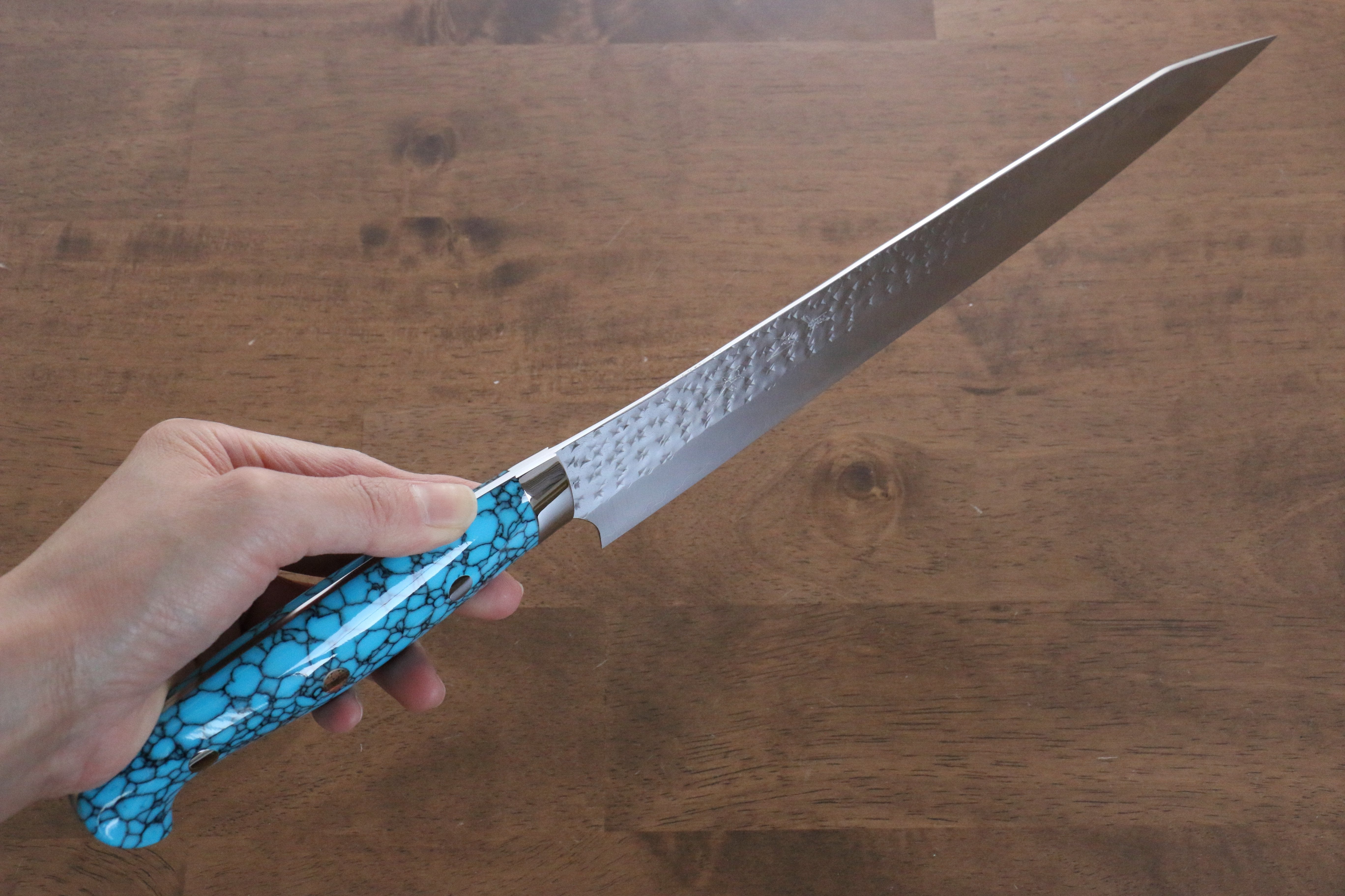 Yu Kurosaki Senko SG2 Hammered Sujihiki 240mm Turquoise Handle - Seisuke Knife
