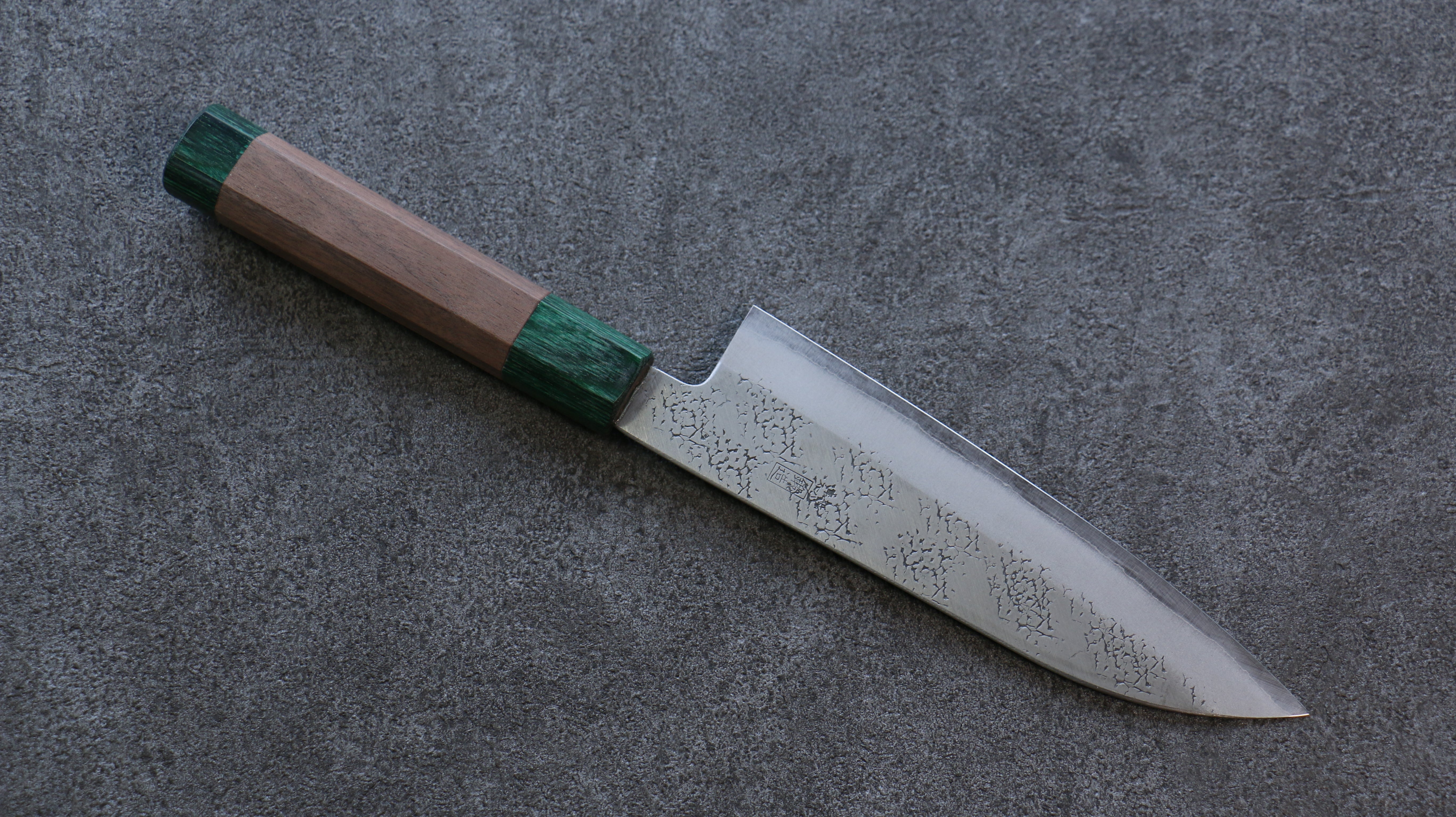 Seisuke Blue Super Hammered Santoku 165mm Walnut (With Double Green Pakka wood) Handle - Seisuke Knife