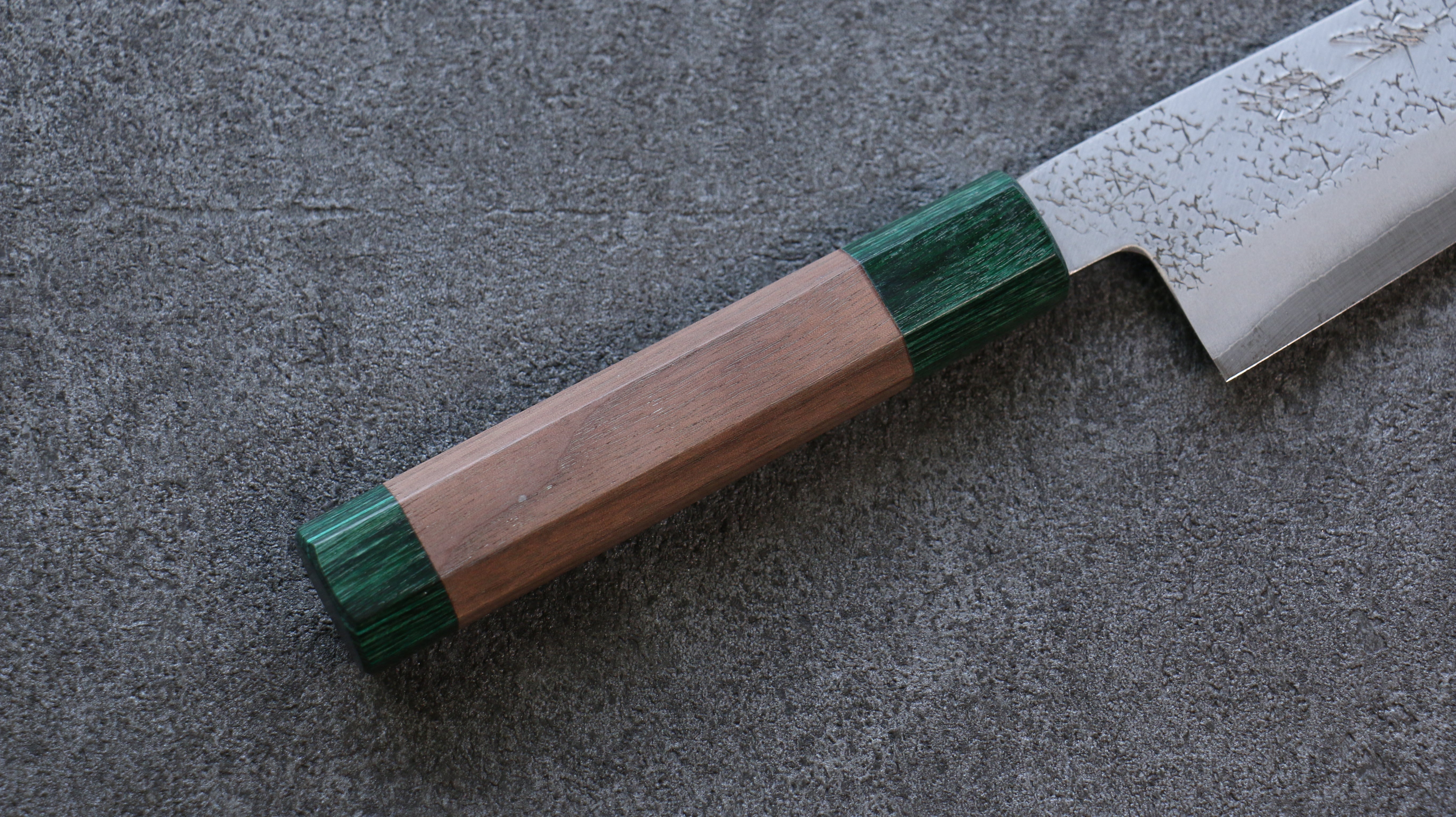 Seisuke Blue Super Hammered Santoku 165mm Walnut (With Double Green Pakka wood) Handle - Seisuke Knife