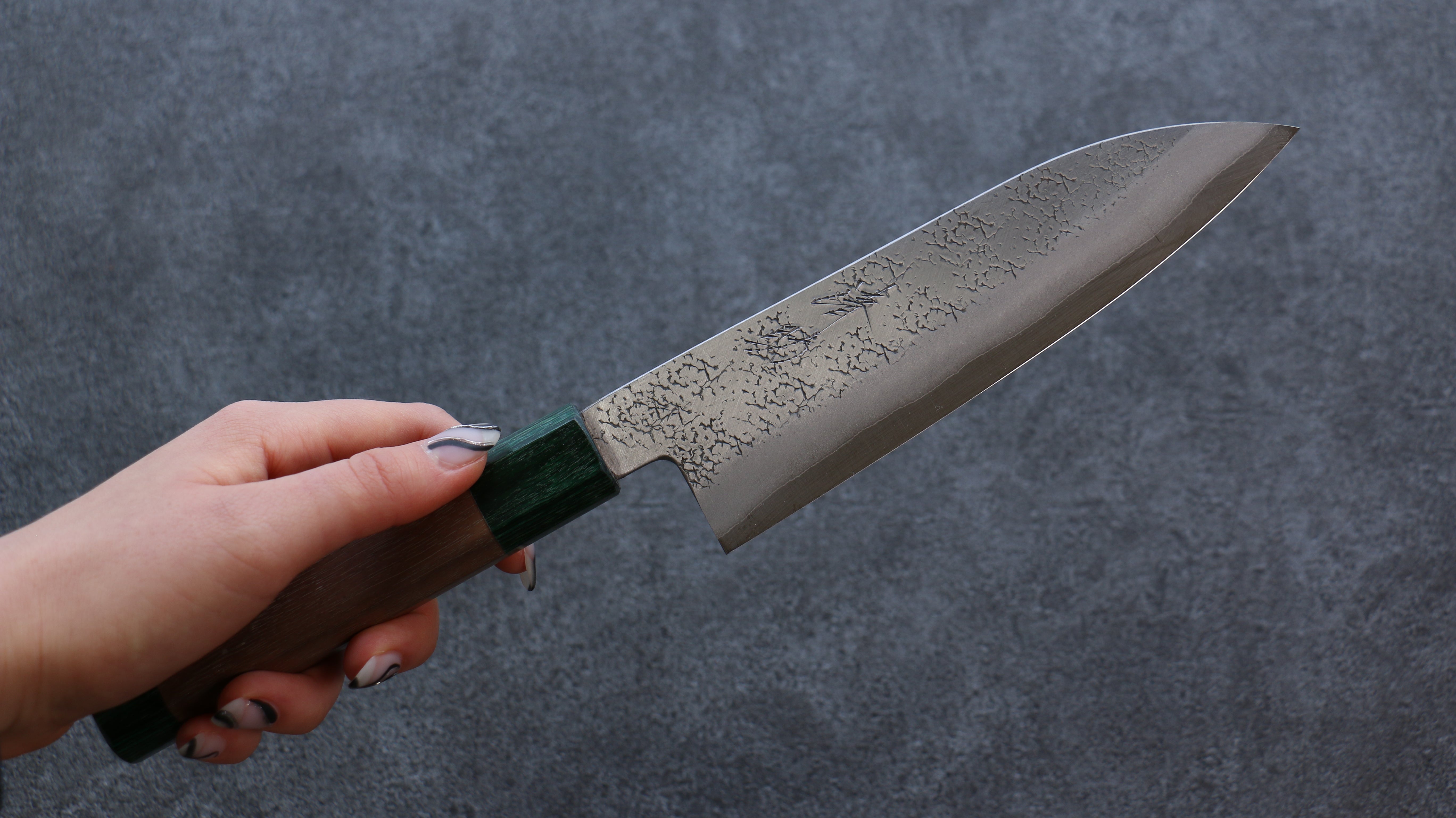 Seisuke Blue Super Hammered Santoku 165mm Walnut (With Double Green Pakka wood) Handle - Seisuke Knife