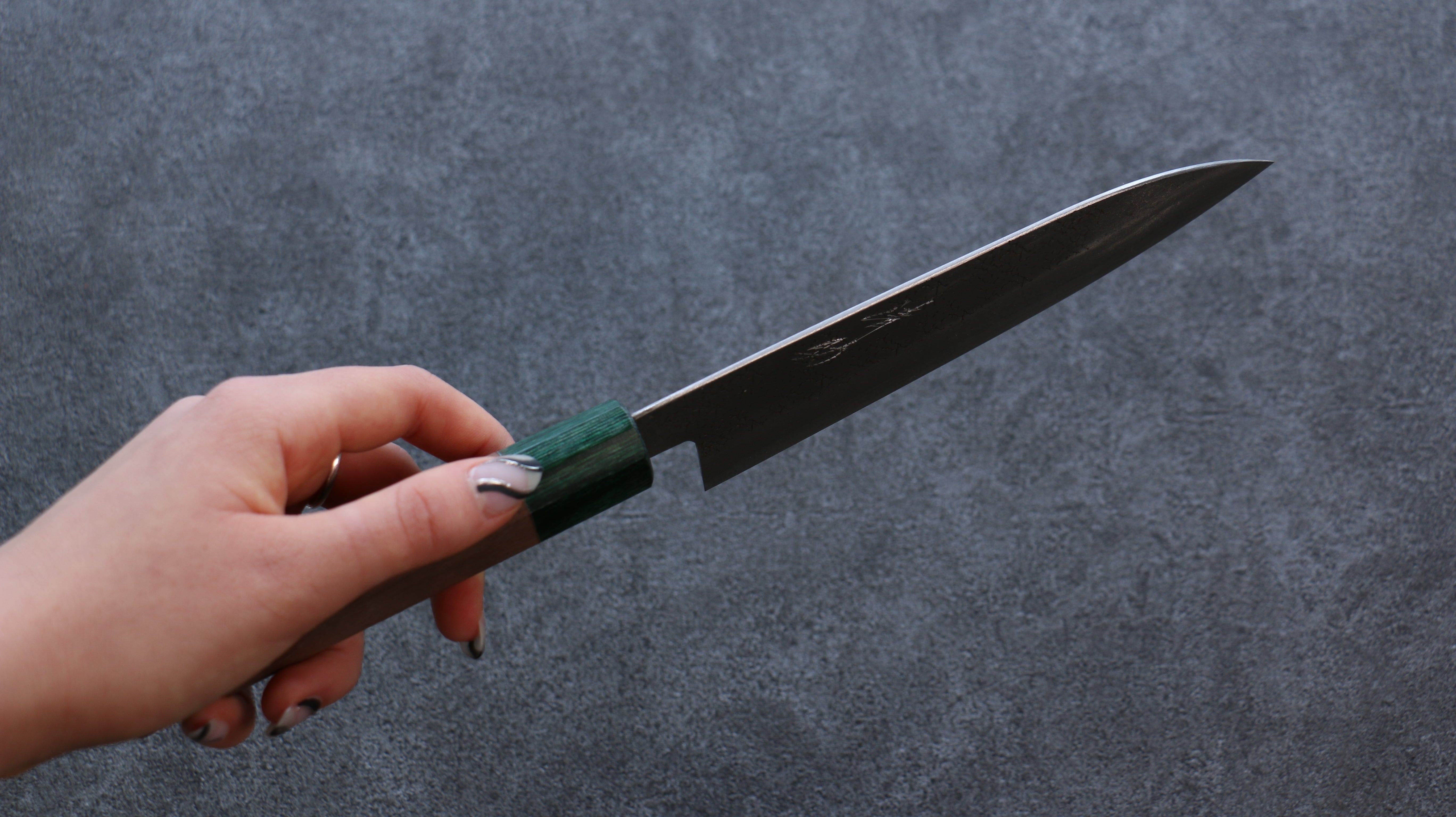 Seisuke Blue Super Hammered Santoku 165mm Walnut (With Double Green Pakka wood) Handle - Seisuke Knife