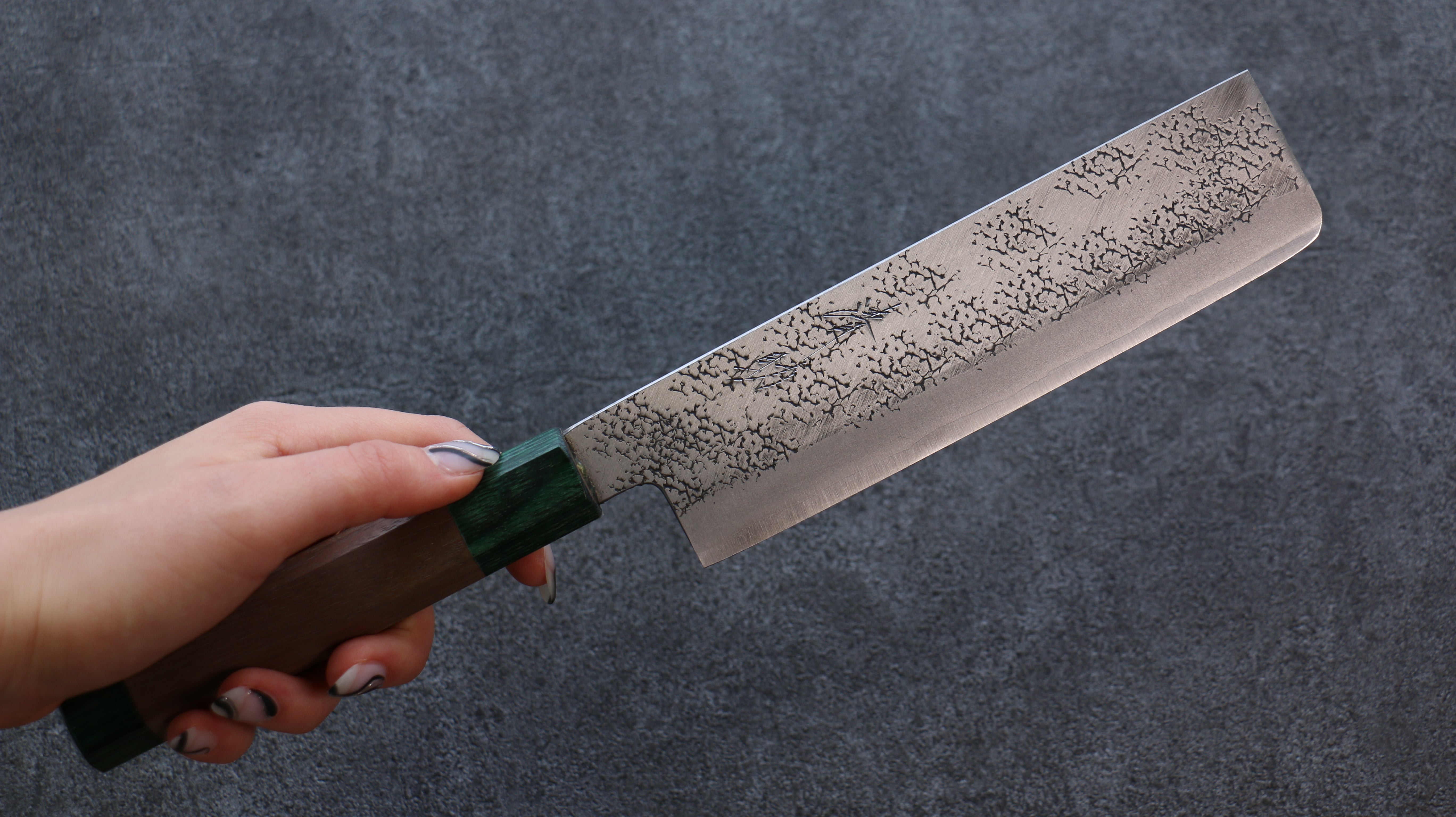 Seisuke Blue Super Hammered Nakiri 165mm Walnut (With Double Green Pakka wood) Handle - Seisuke Knife