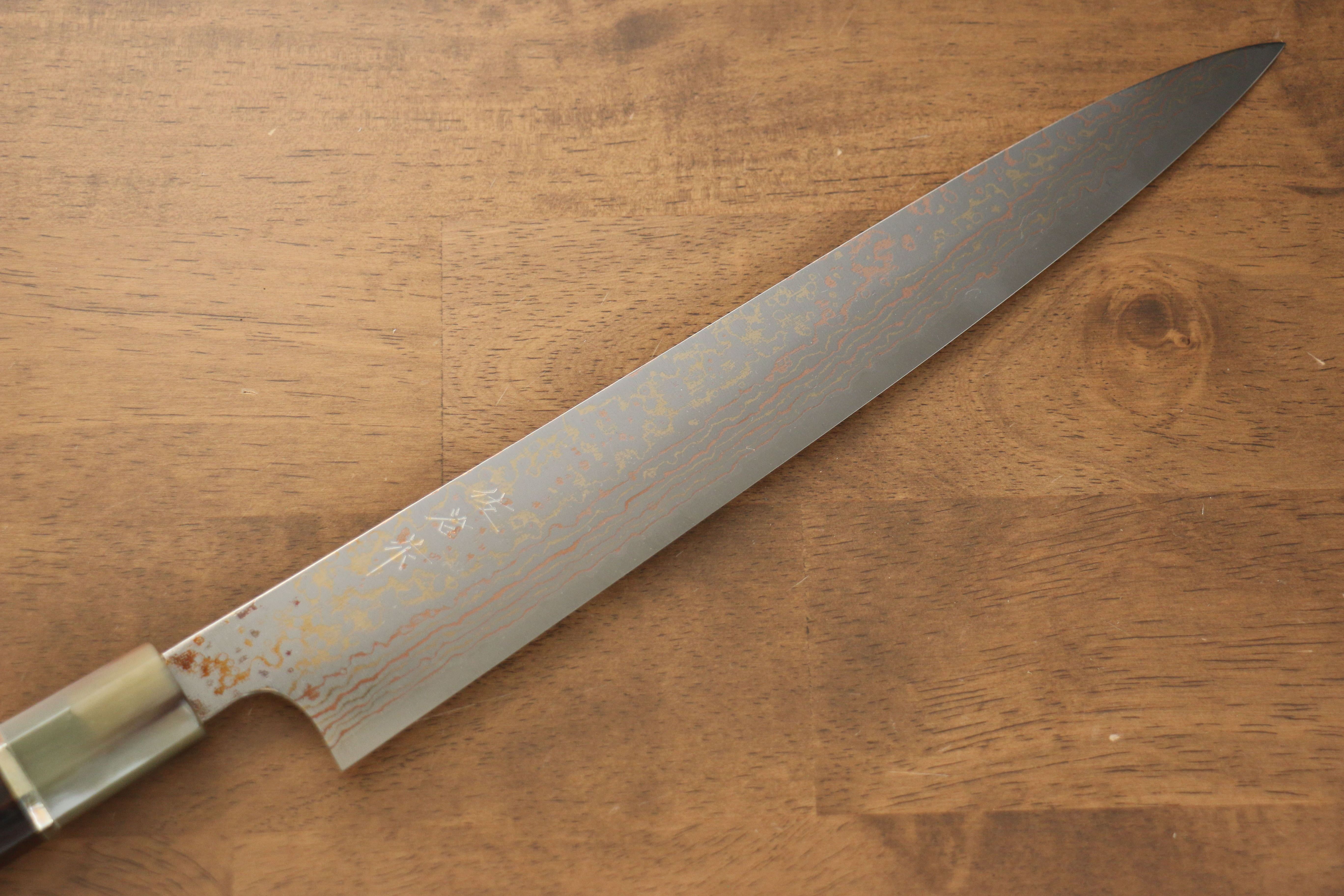 Takeshi Saji VG10 Colored Damascus Sujihiki 270mm Ebony with Ring Handle - Seisuke Knife