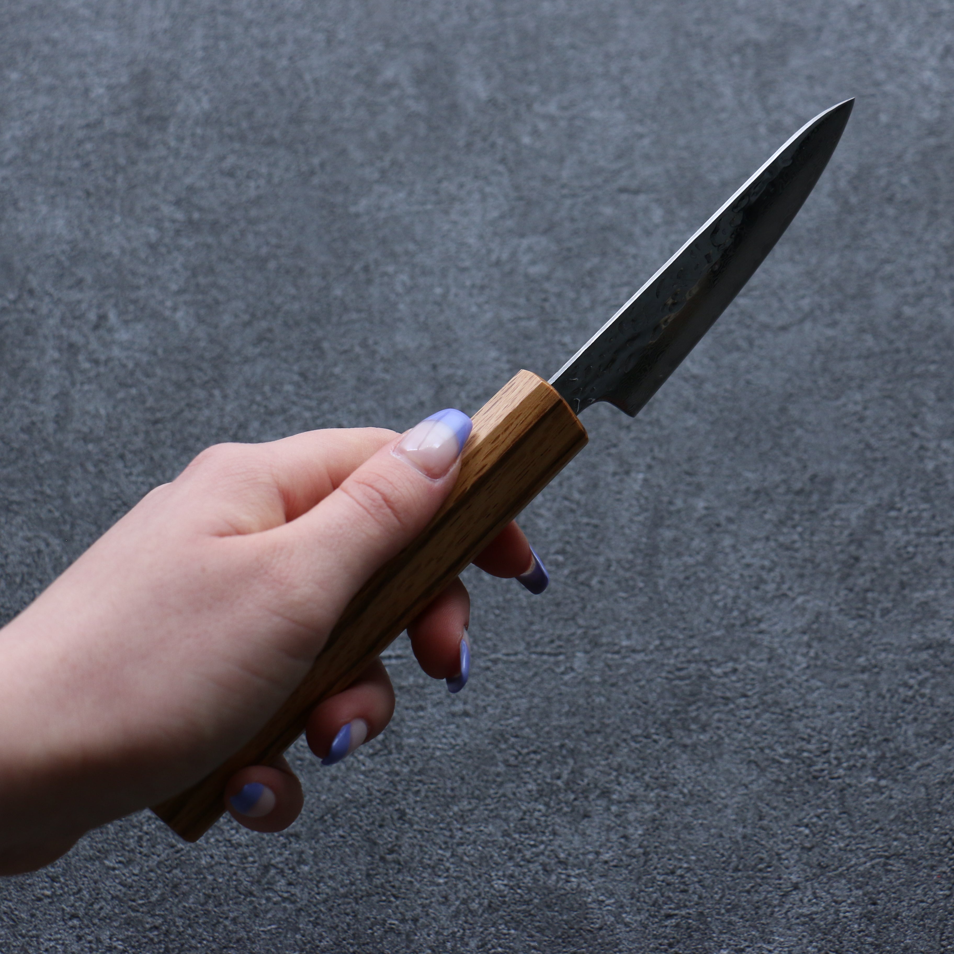 Seisuke Tsukikage AUS10 Migaki Hammered Damascus Petty-Utility 80mm Oak Handle - Seisuke Knife