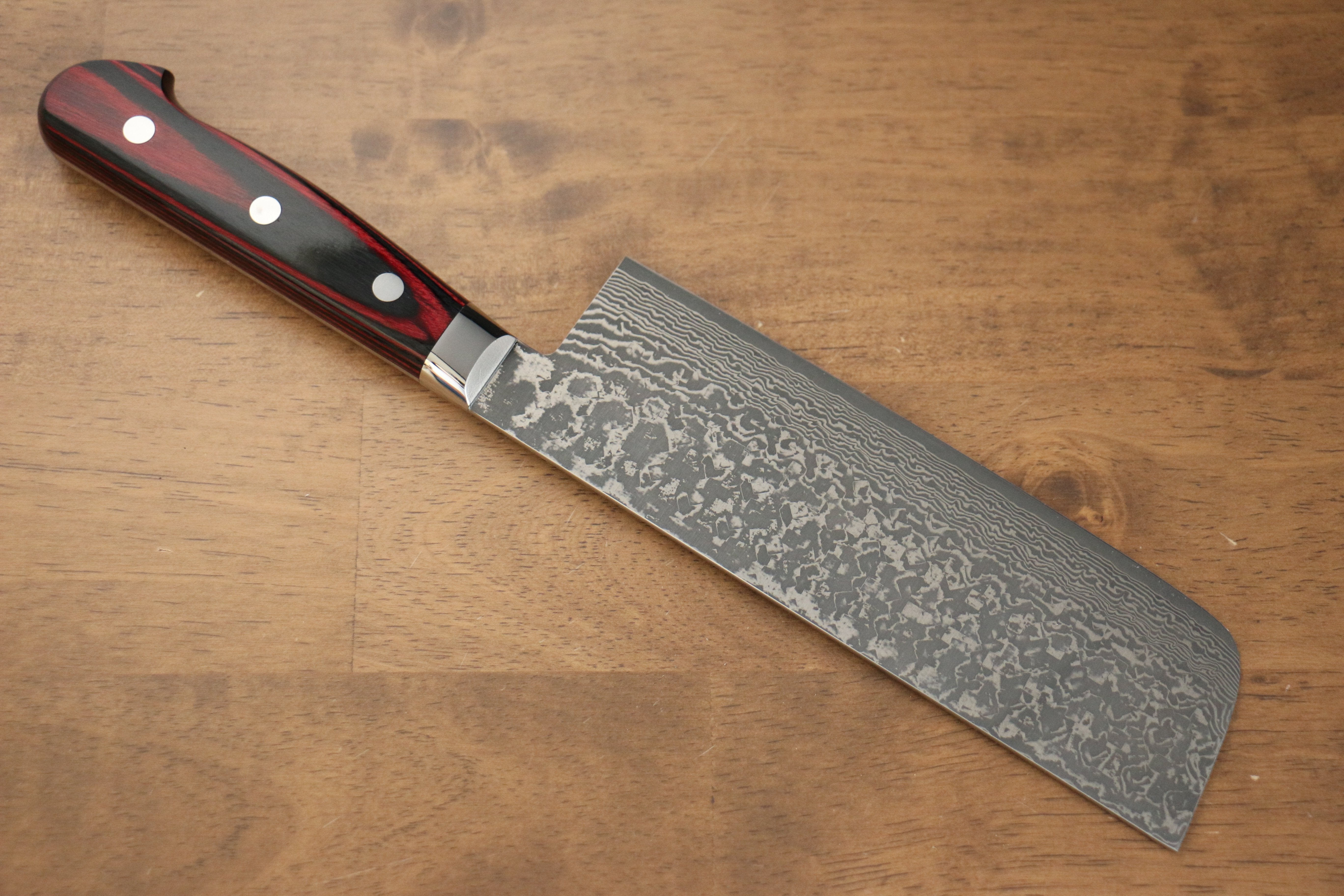 Yoshimi Kato VG10 Damascus Nakiri 165mm with Red Pakkawood Handle - Seisuke Knife