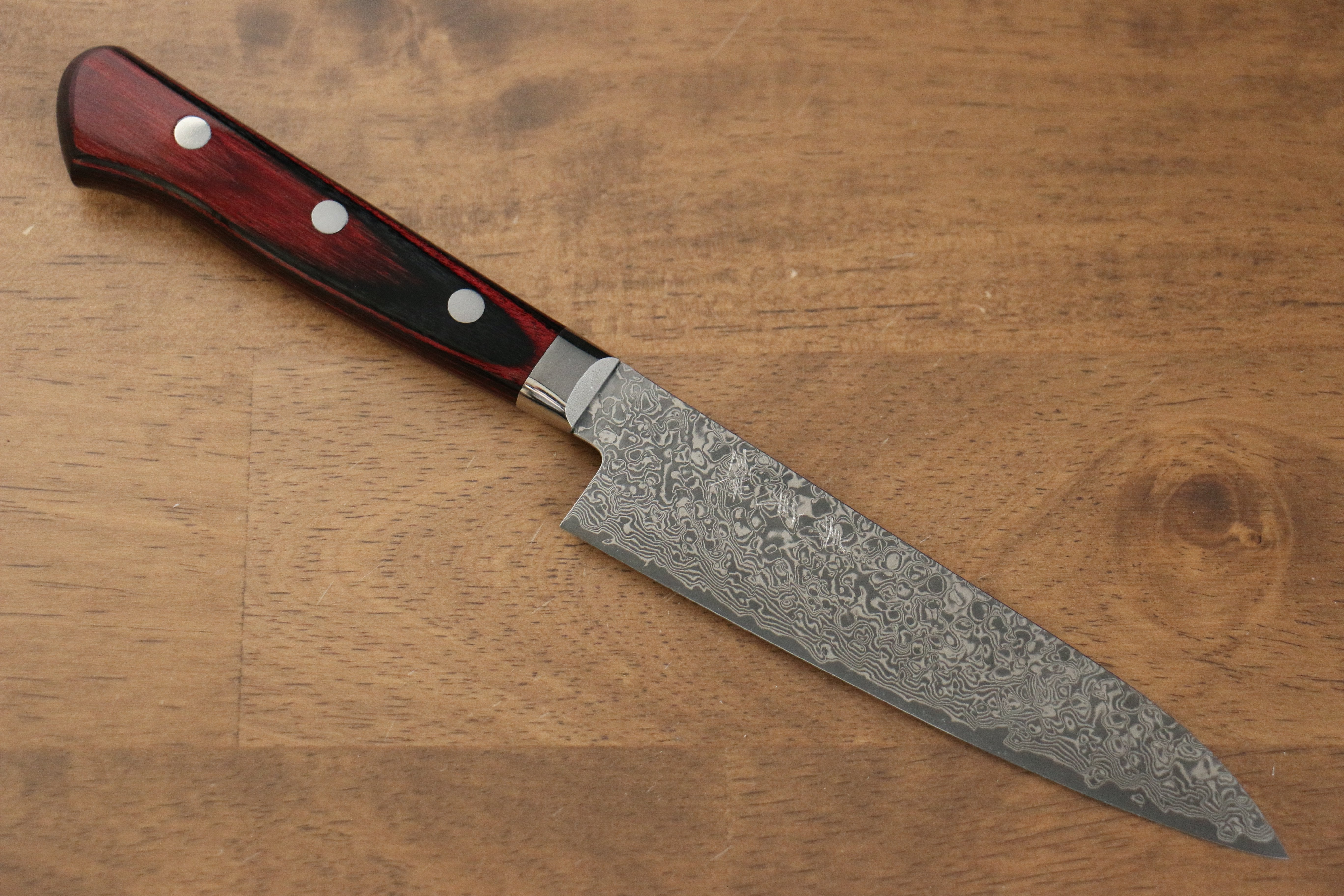Yoshimi Kato VG10 Damascus Petty-Utility 120mm Red Pakka wood Handle - Seisuke Knife