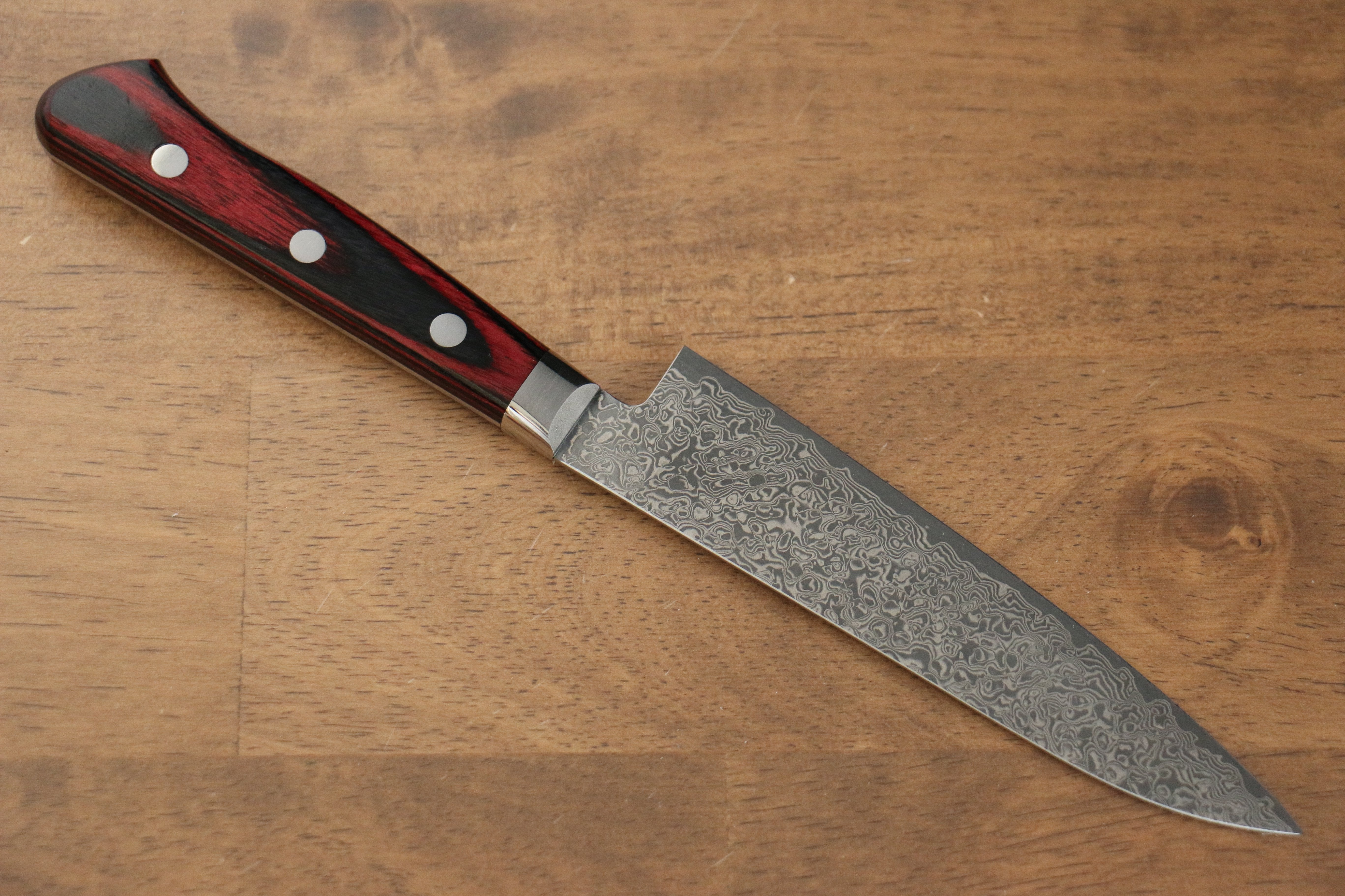 Yoshimi Kato VG10 Damascus Petty-Utility 120mm Red Pakka wood Handle - Seisuke Knife