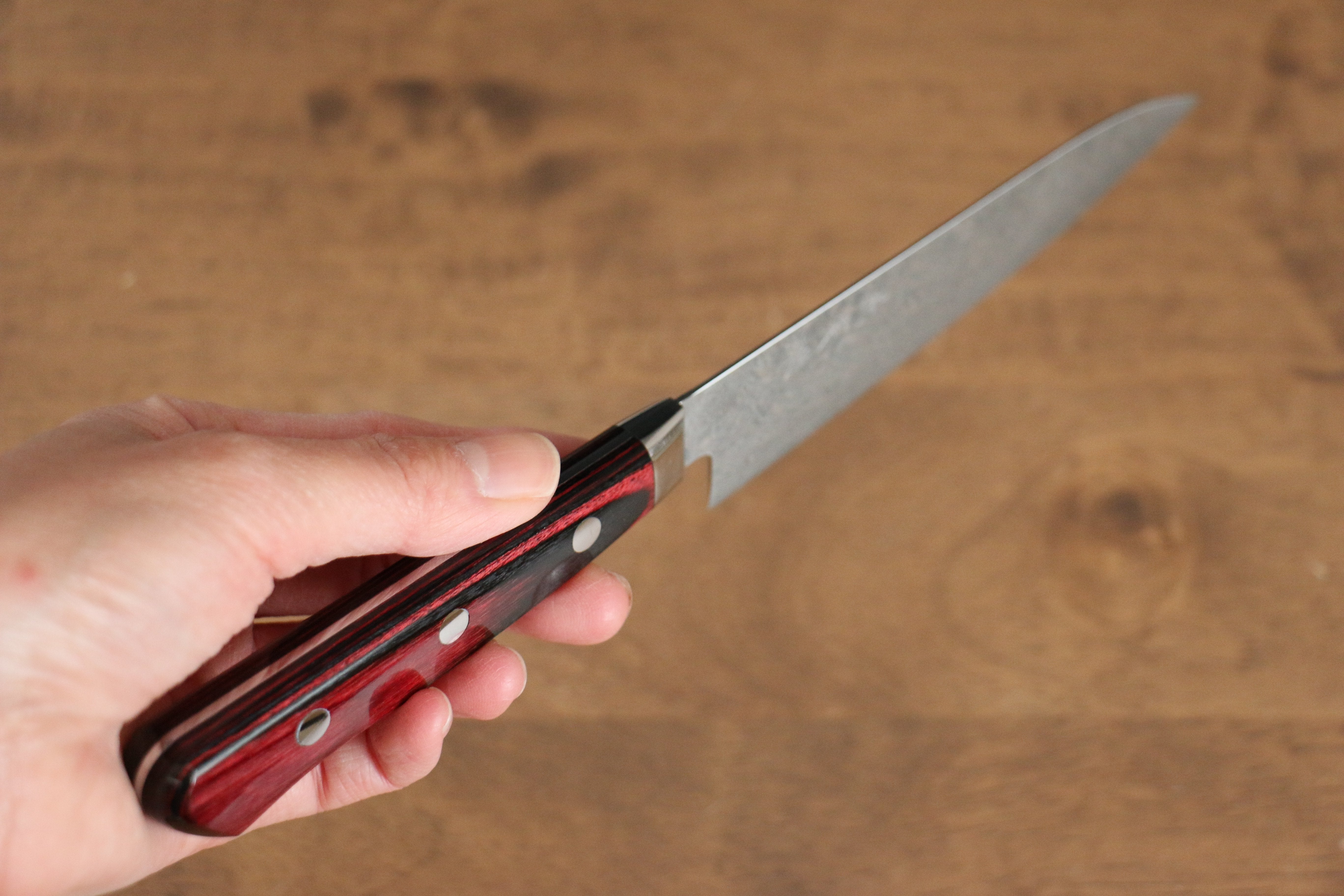 Yoshimi Kato VG10 Damascus Petty-Utility 120mm Red Pakka wood Handle - Seisuke Knife
