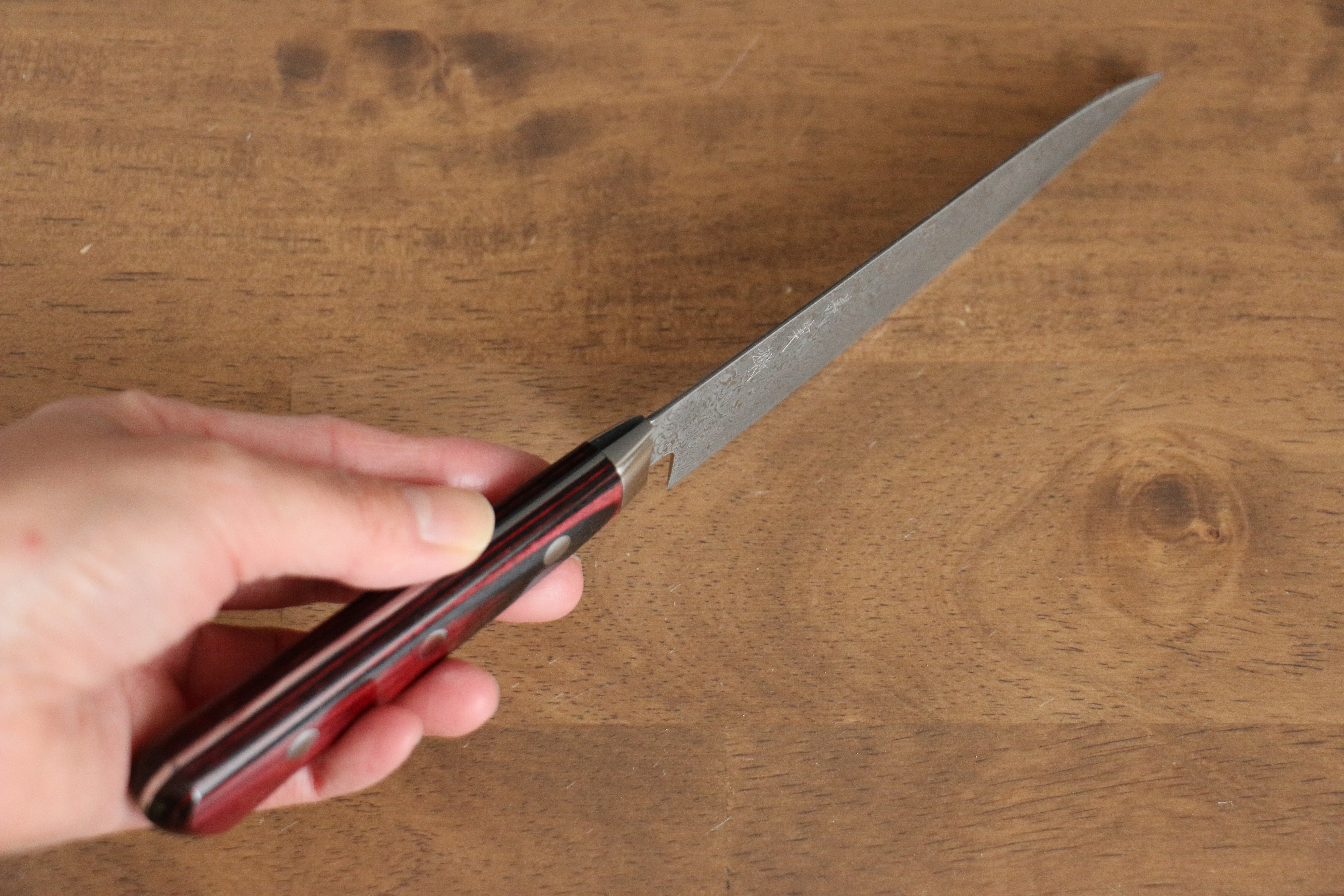 Yoshimi Kato VG10 Damascus Petty-Utility 120mm Red Pakka wood Handle - Seisuke Knife