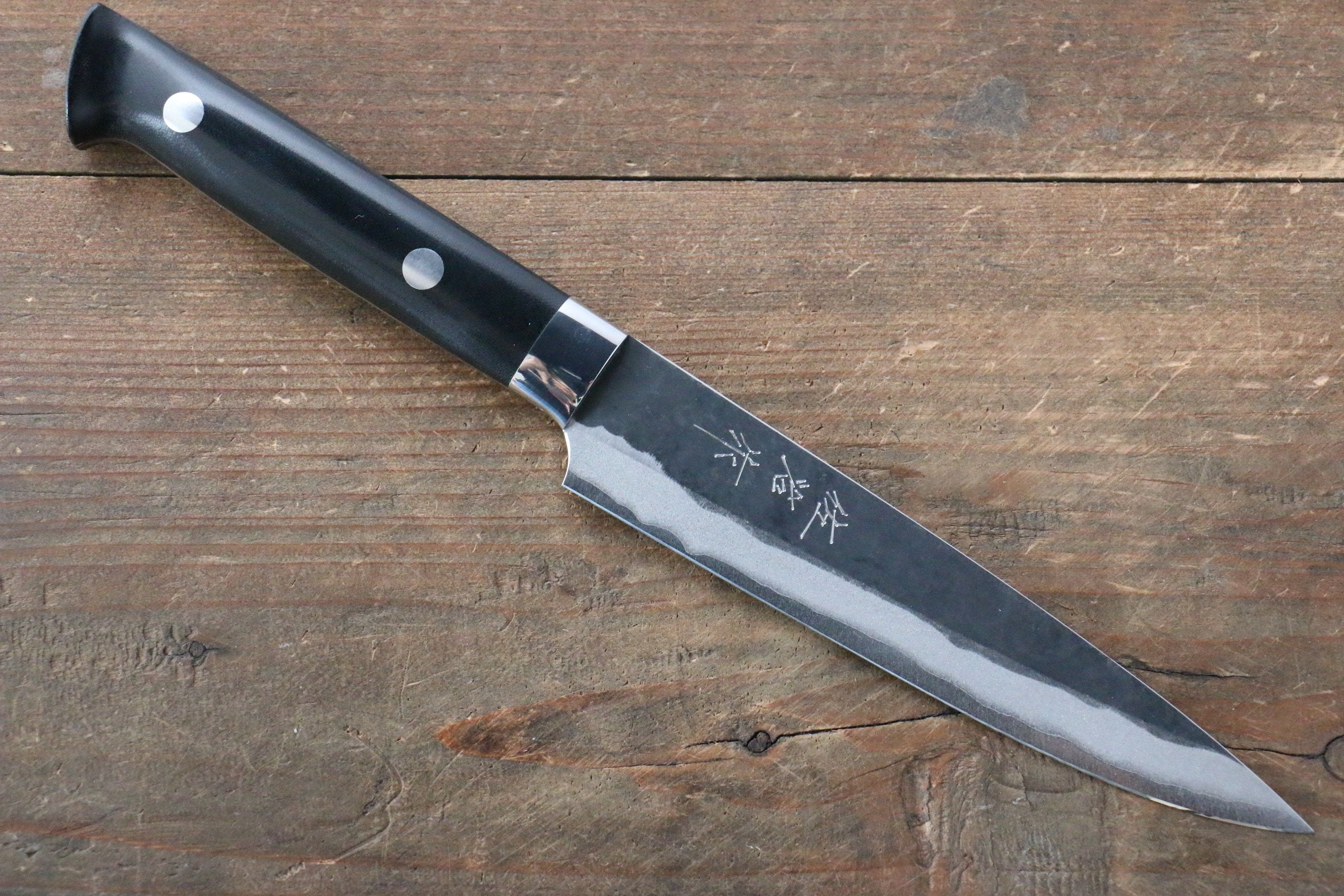 Takeshi Saji Blue Super Kurouchi Hammered Petty-Utility 135mm Black Micarta Handle - Seisuke Knife