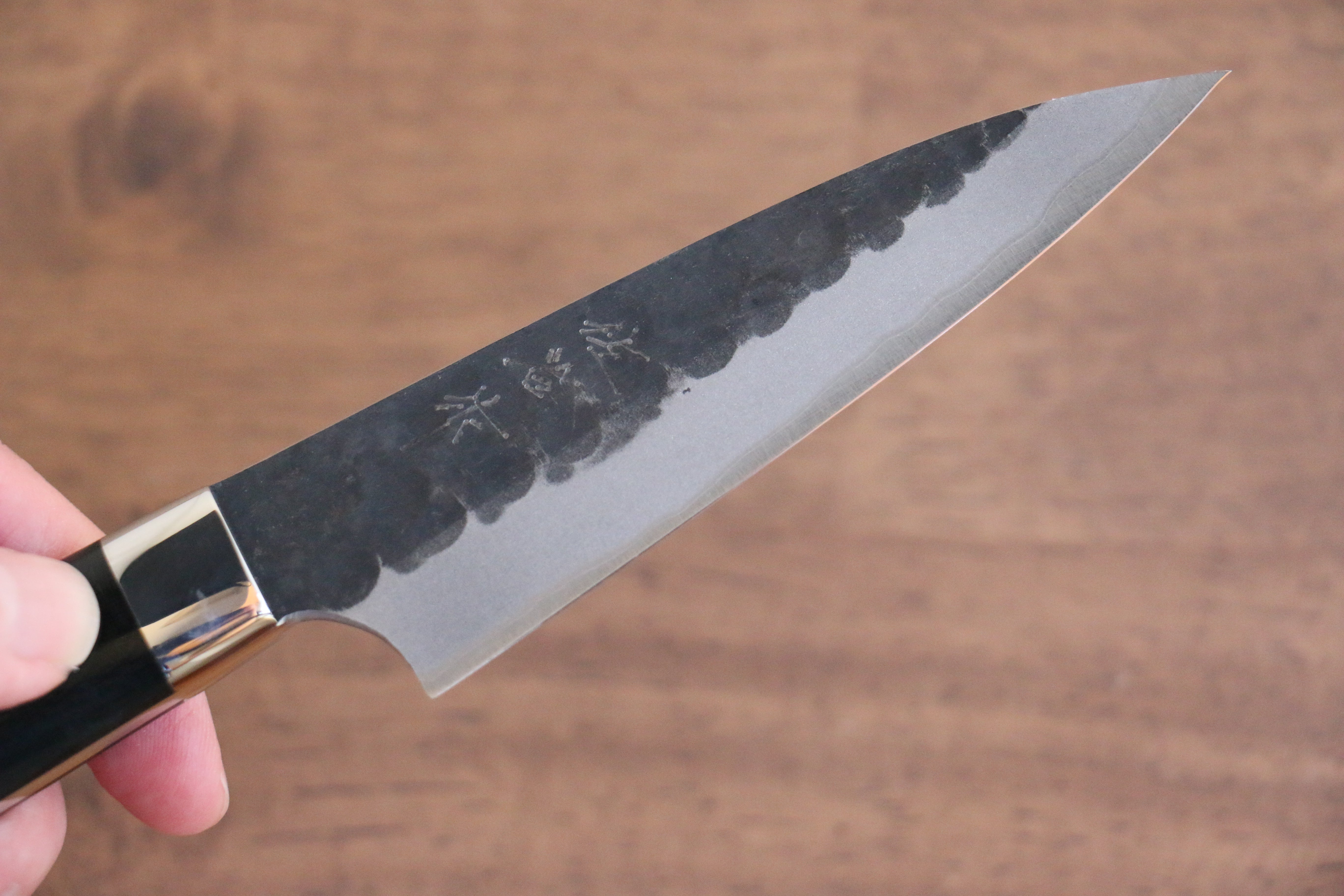 Takeshi Saji Blue Super Kurouchi Hammered Petty-Utility 90mm with Black Micarta Handle - Seisuke Knife