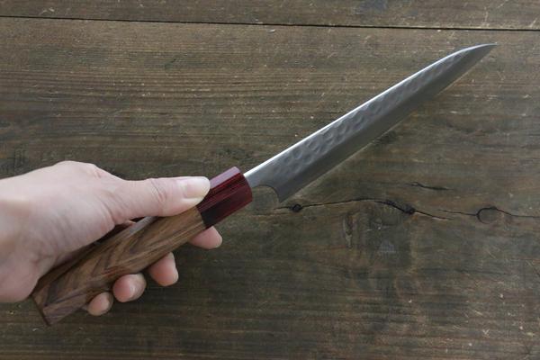 Yoshimi Kato Silver Steel No.3 Hammered Petty Japanese Chef Knife 150mm with Red Honduras Handle - Seisuke Knife
