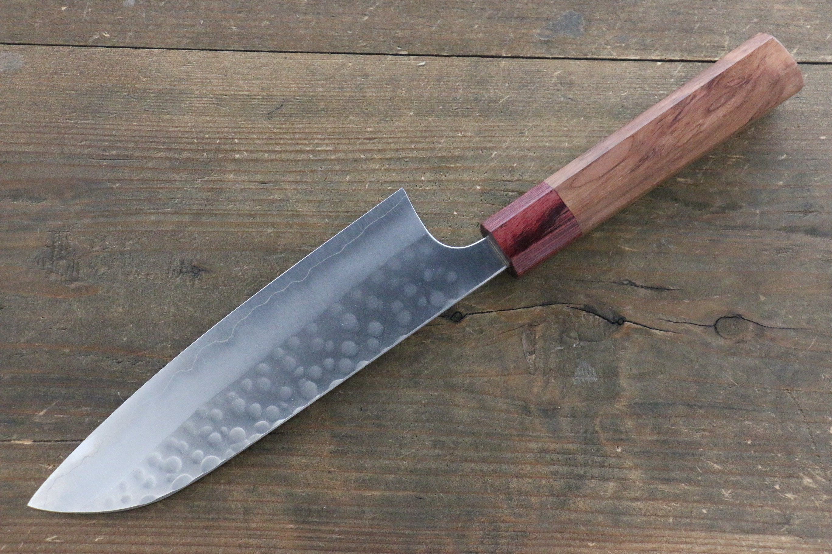 Yoshimi Kato Silver Steel No.3 Hammered Santoku Japanese Chef Knife 165mm with Red Honduras Handle - Seisuke Knife